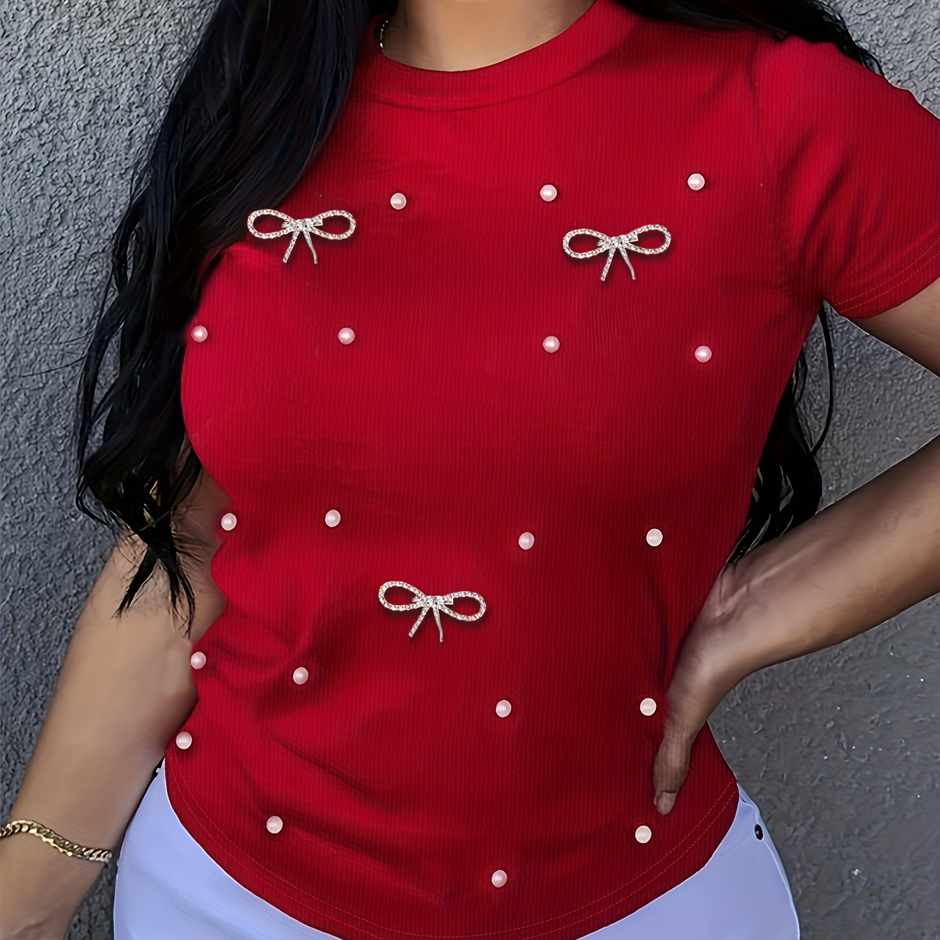 

Beaded Bow Decor T-shirt, Crew Neck Short Sleeve T-shirt, Casual Every Day Tops, Women's Clothing