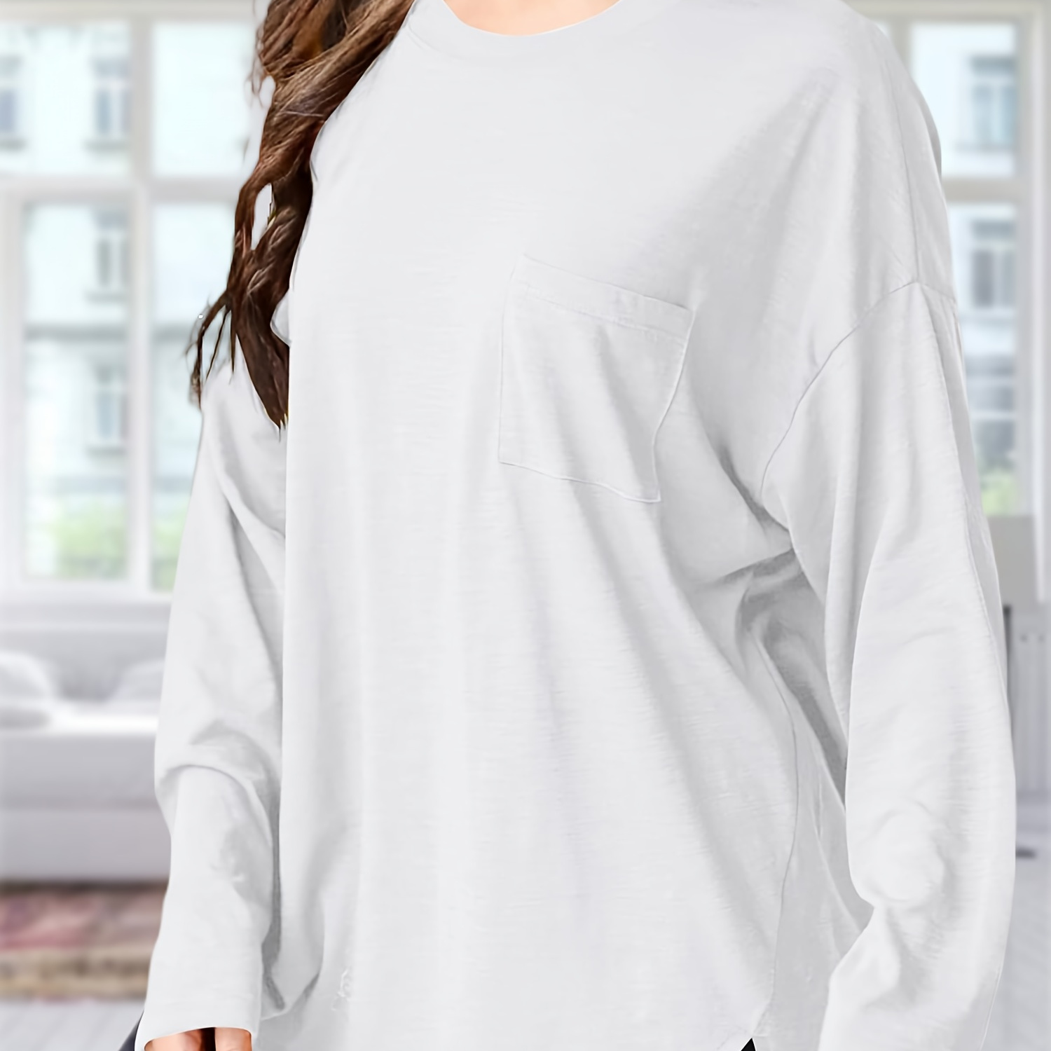 

Women Oversized Long Sleeve T-shirts Cotton Casual Crewneck Solid Tunic Tops With Pocket