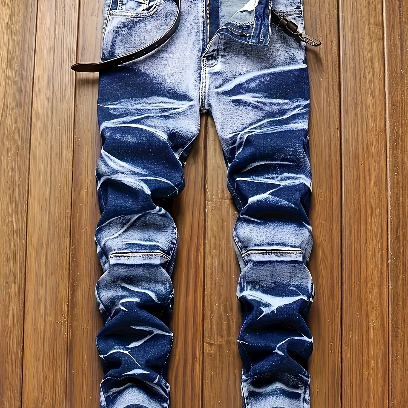 

Men's Street Style Tie-dye Slim Fit Jeans, Machine Washable, All-season Fashionable Wash Denim Pants