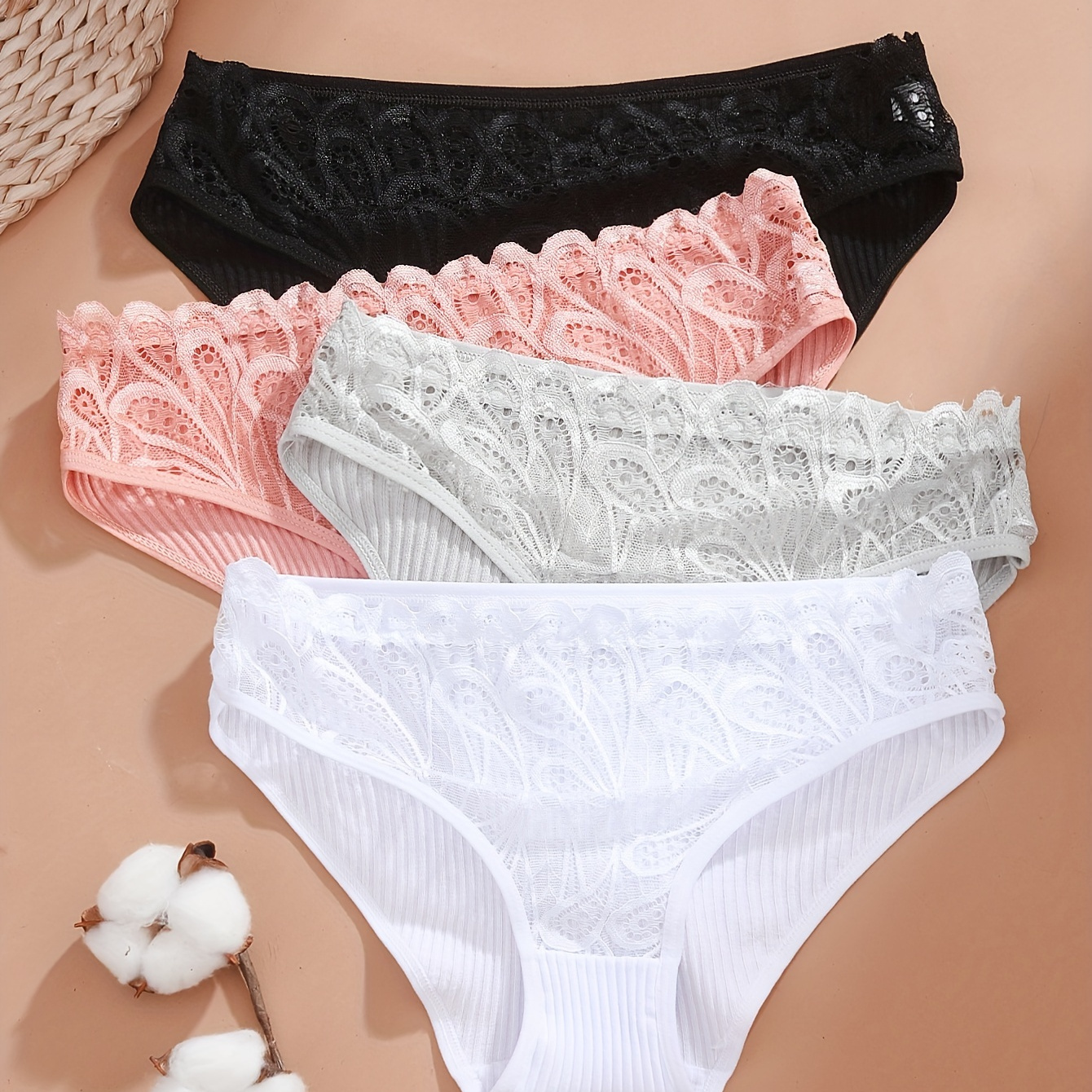 

4-pack Women's Lace Trim Panties, Sexy Hollow Out Briefs, Assorted Colors, Simple Style Underwear For Ladies