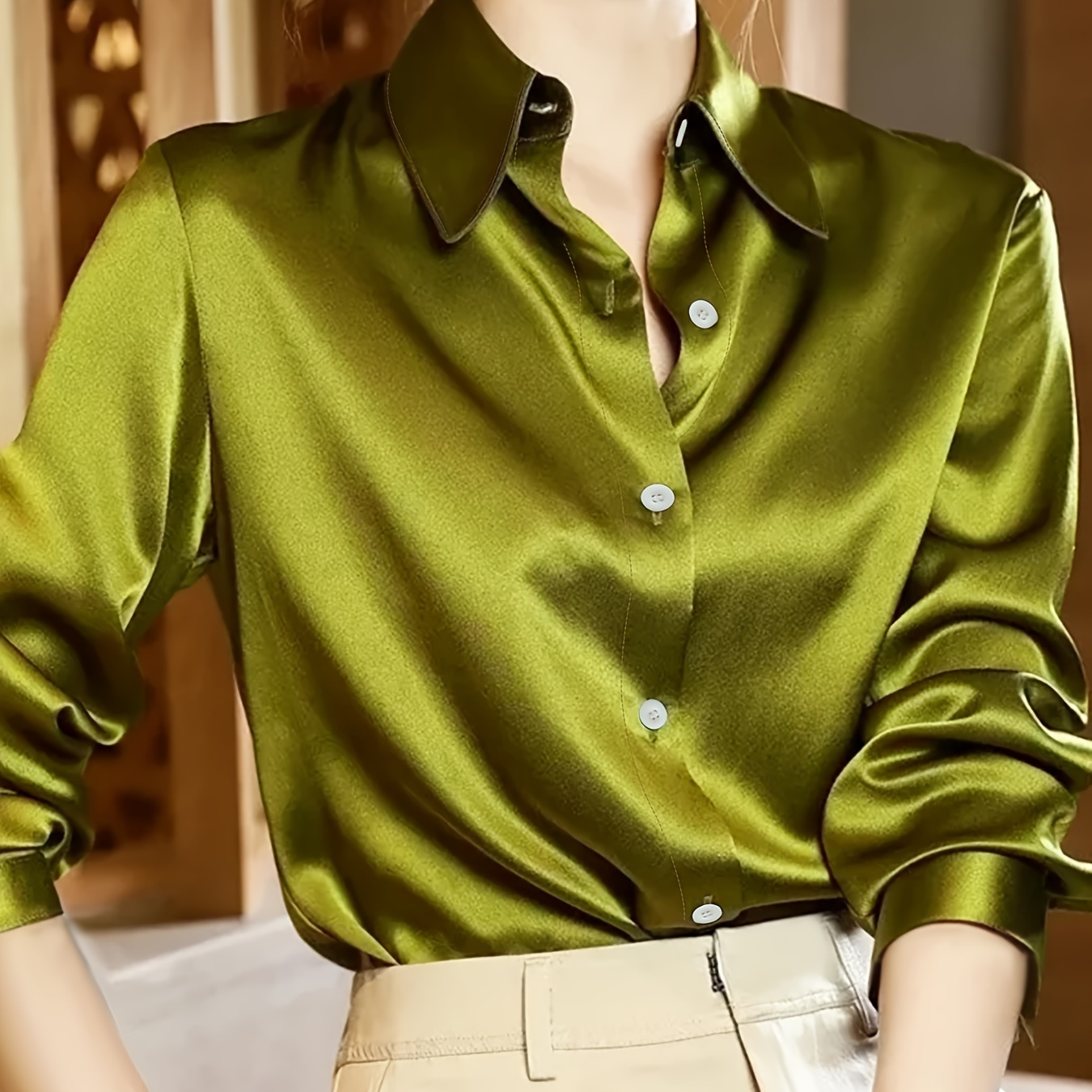 

Elegant Solid Color Satin Blouse With Lapel Collar - Machine Washable, Stretchy Polyester-spandex For Women