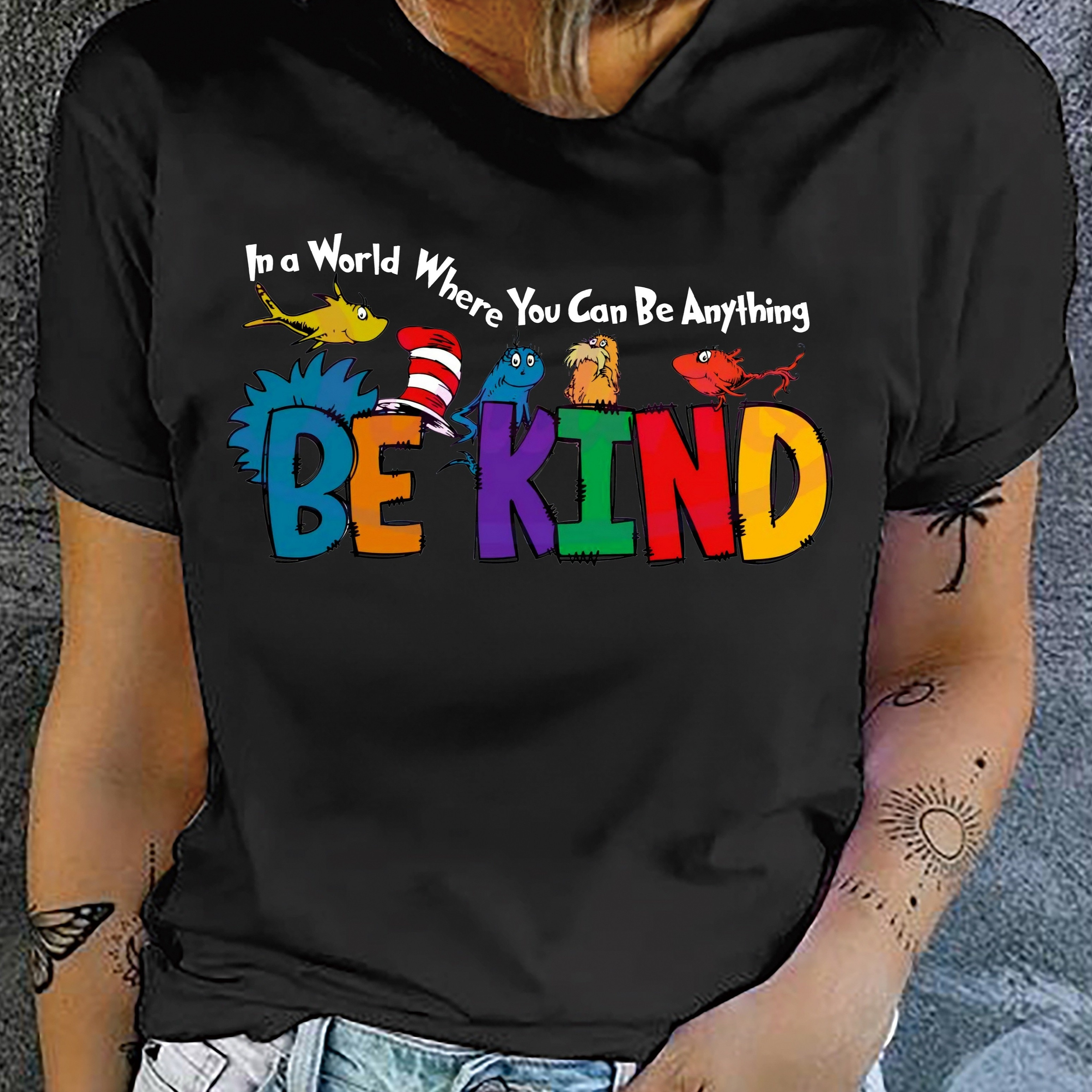 

Be Kind Print T-shirt, Short Sleeve Crew Neck Casual Top For Summer & Spring, Women's Clothing