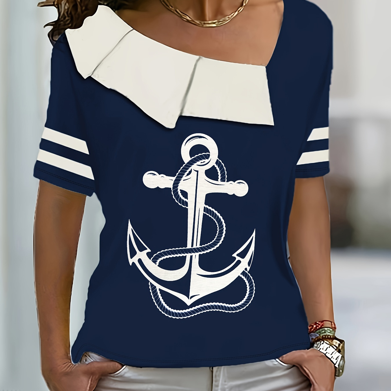 

Anchor Print Asymmetrical Neck T-shirt, Casual Short Sleeve Top For Spring & Summer, Women's Clothing