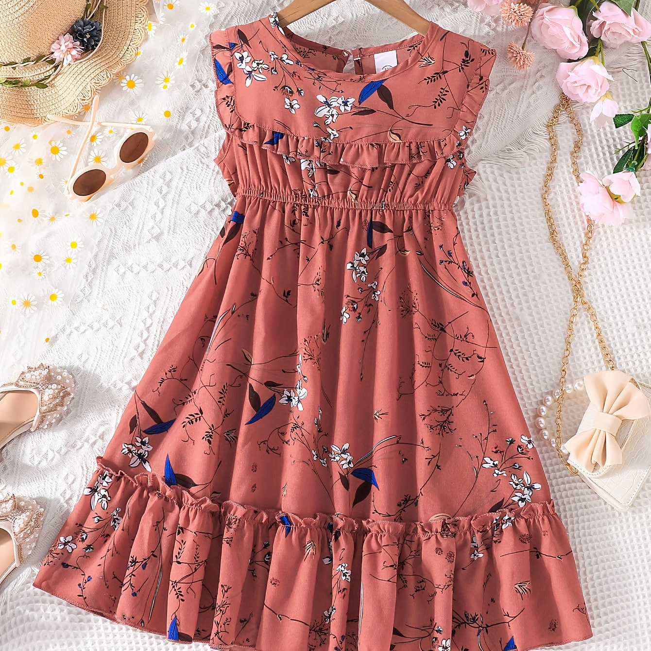 

Girls Sleeveless Lace Trim Ruffle Hem Floral Princess Dress For Party Kids Summer Clothes