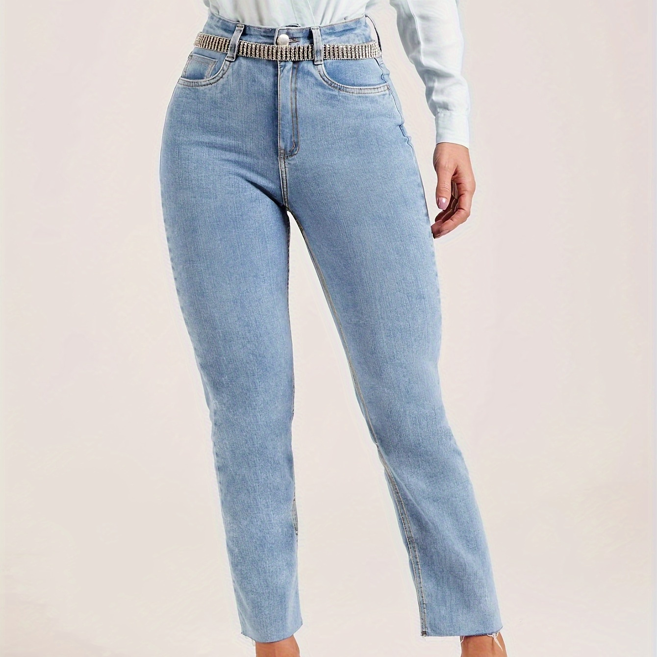 

Raw Cut Medium Strech Slim Fit Cropped Jeans, Solid Washed Blue Casual Denim Pants, Women's Denim Jeans & Clothing