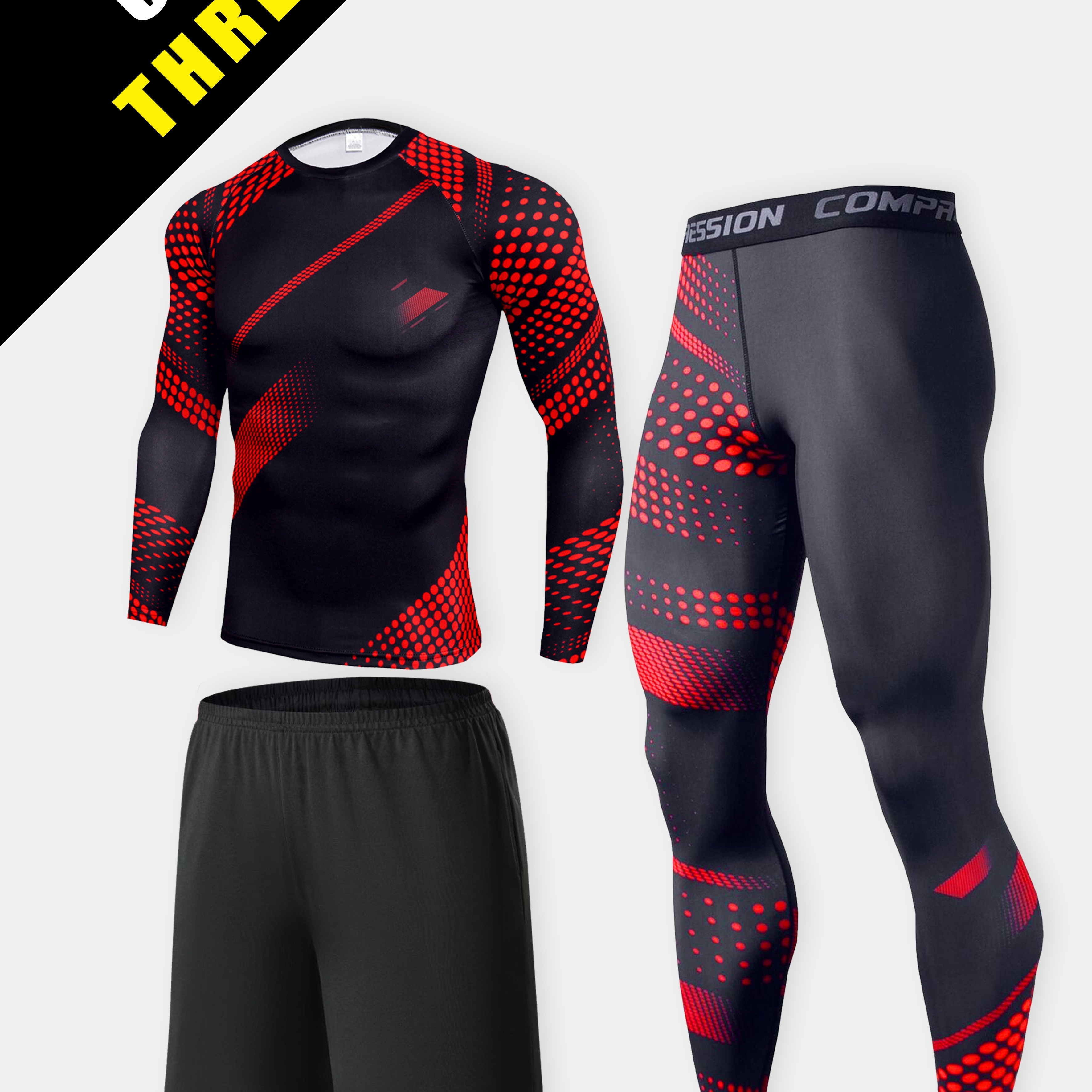 

3pcs Men's Athletic Set - Quick-dry, Breathable & Sweat-absorbing Gear With Stylish Print - Includes Long Sleeve Top, Waist Shorts & Leggings For Running & Fitness, Workout Accessories