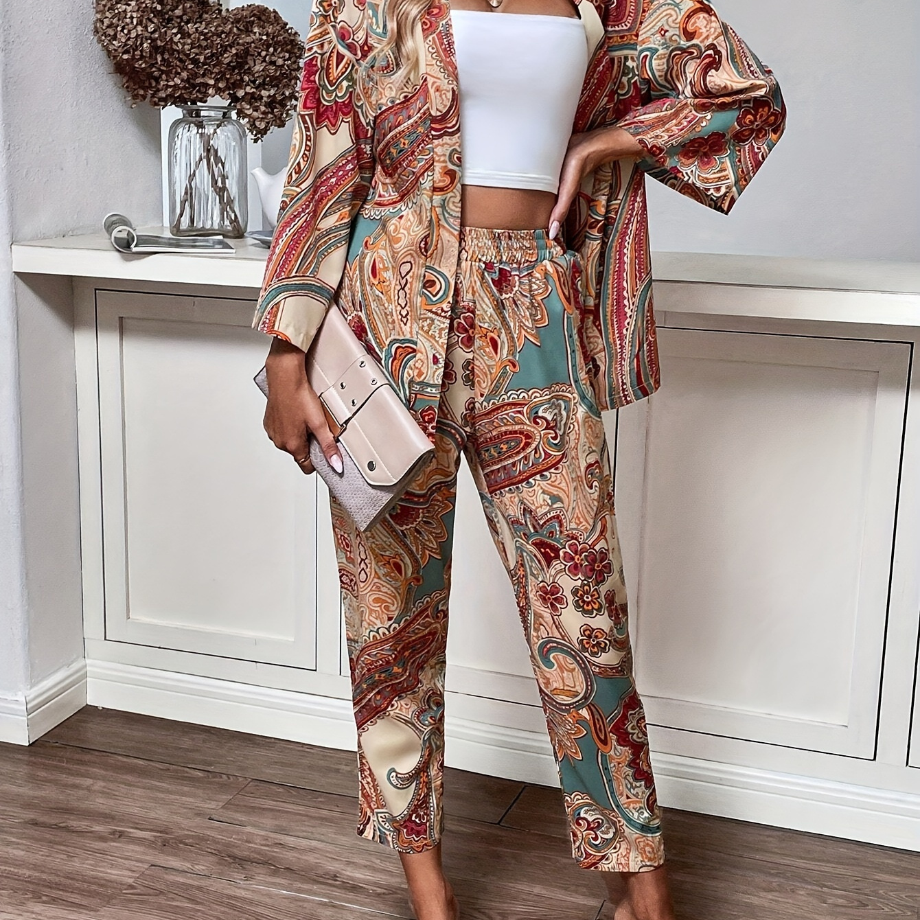 

Floral Print Two-piece Set, Open Front Long Sleeve Cardigan & Elastic Waist Pants Outfits, Women's Clothing