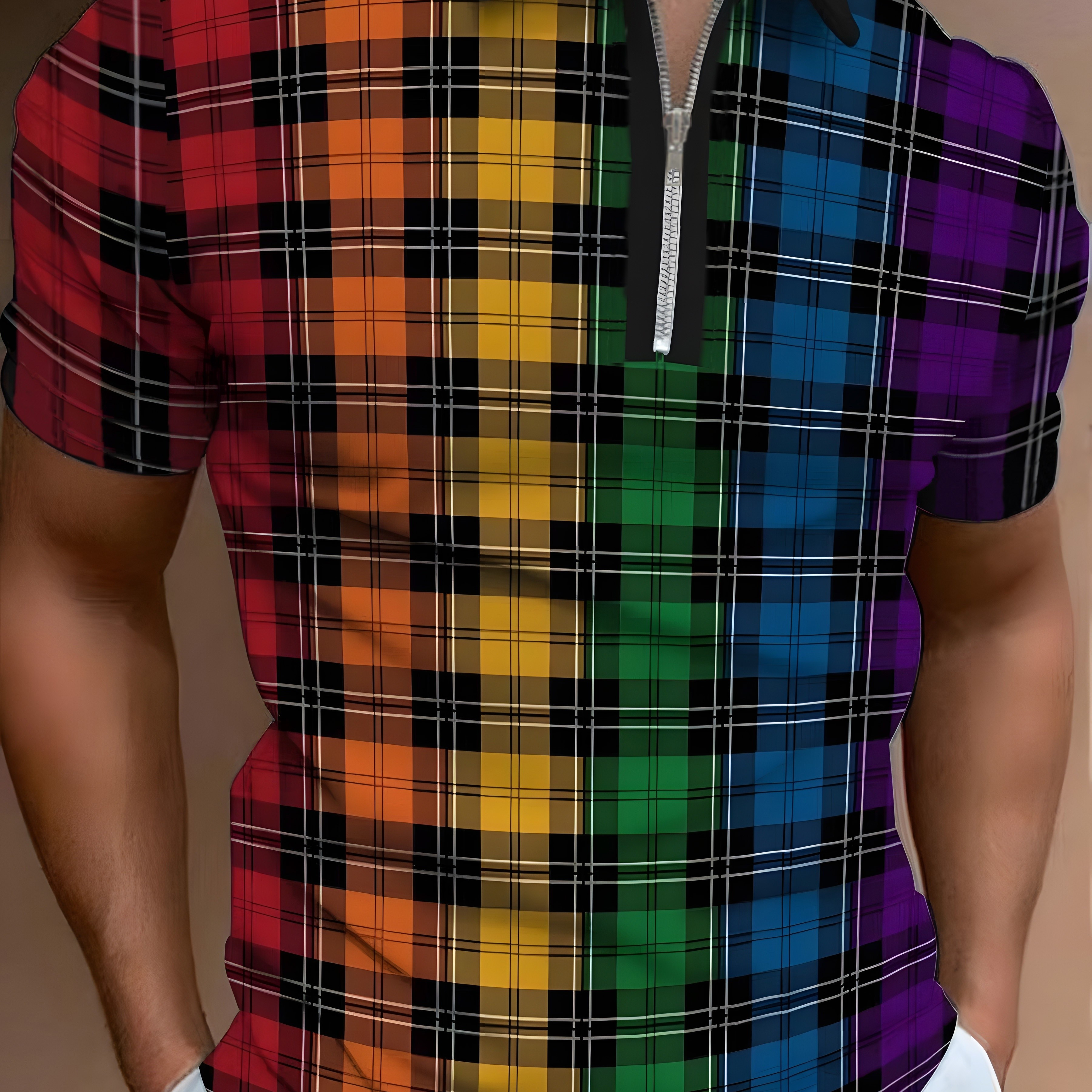 

Rainbow Style Plaid Pattern Print Men's Casual Short Sleeve Zipper Lapel Shirt, Men's Clothing For Summer