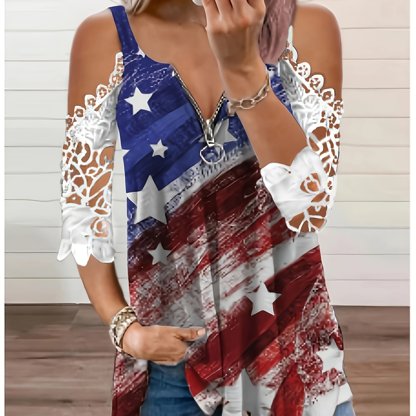 

Contrast Lace Cold Shoulder Zipped T-shirt, Chic Flag Print Loose Top For Spring & Summer, Women's Clothing