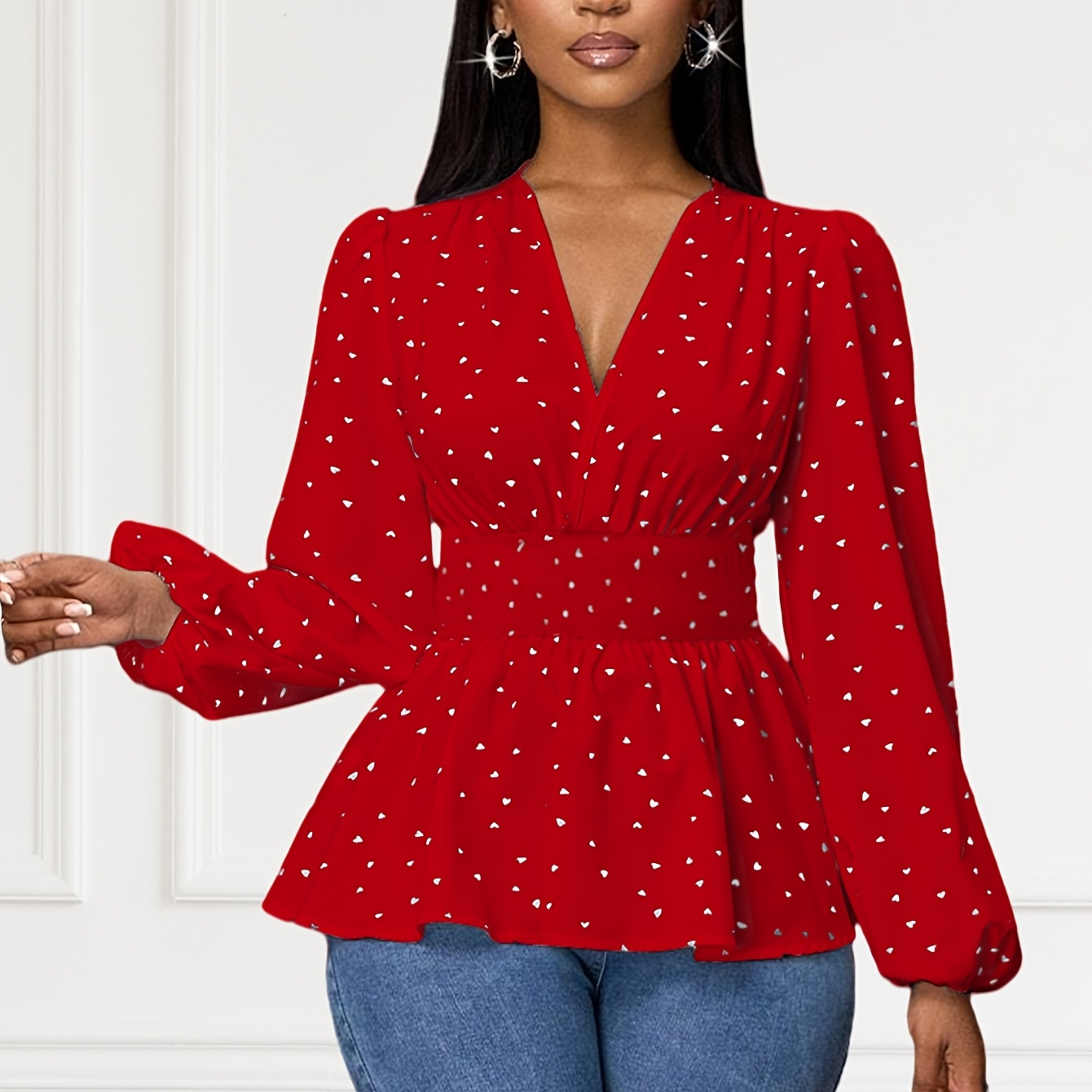 

Blouse Élégante à Imprimé Cœur Rouge avec Col en V et Ourlet à Volants - Manches Longues, Mélange Polyester & Élasthanne, Lavable en Machine - Haut Chic pour Femmes Printemps/Été/Automne