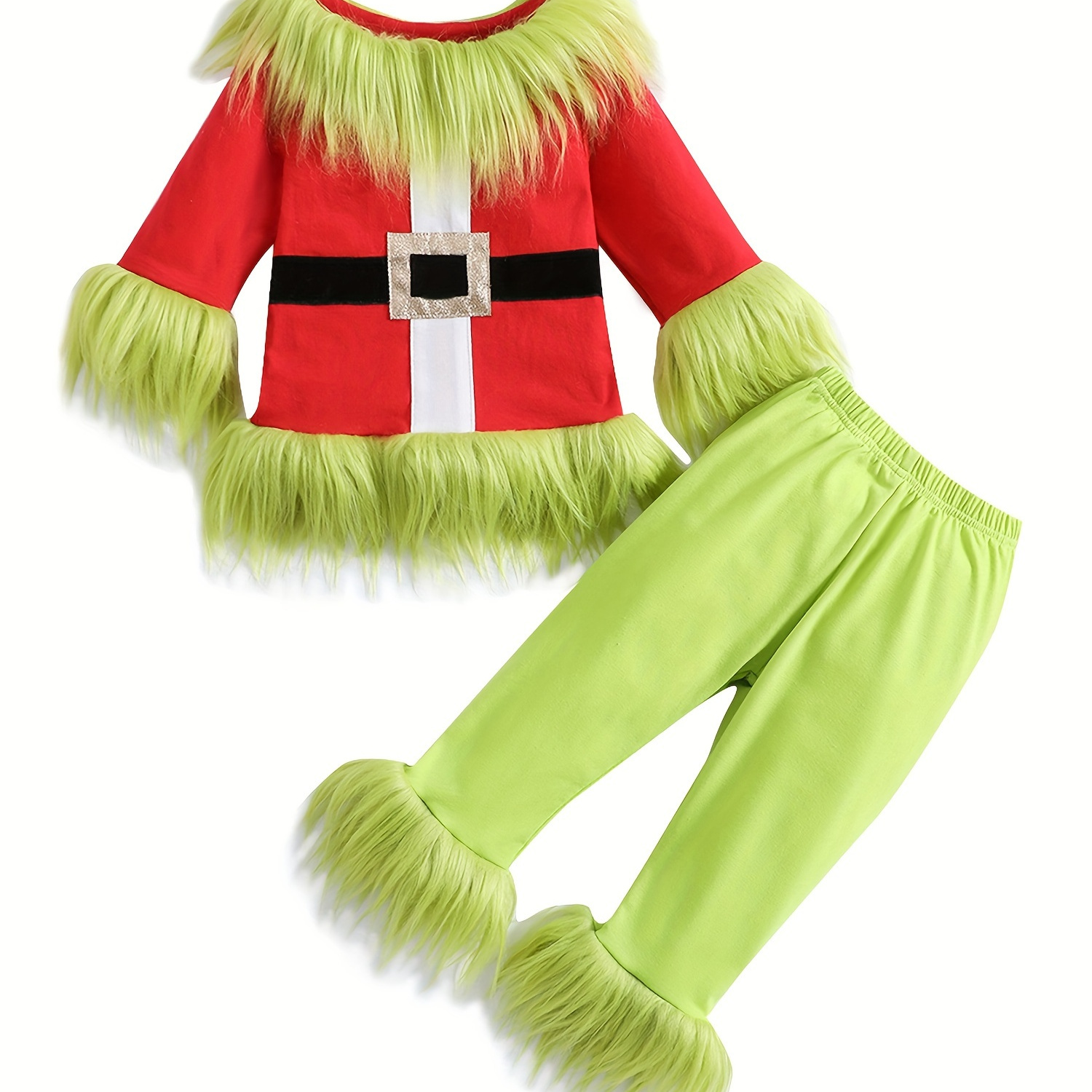 

Kids Boys Girls Christmas Santa Cosplay Costume Green Monster Hooded Santa Claus Furry Suit Xmas Funny Clothes Set