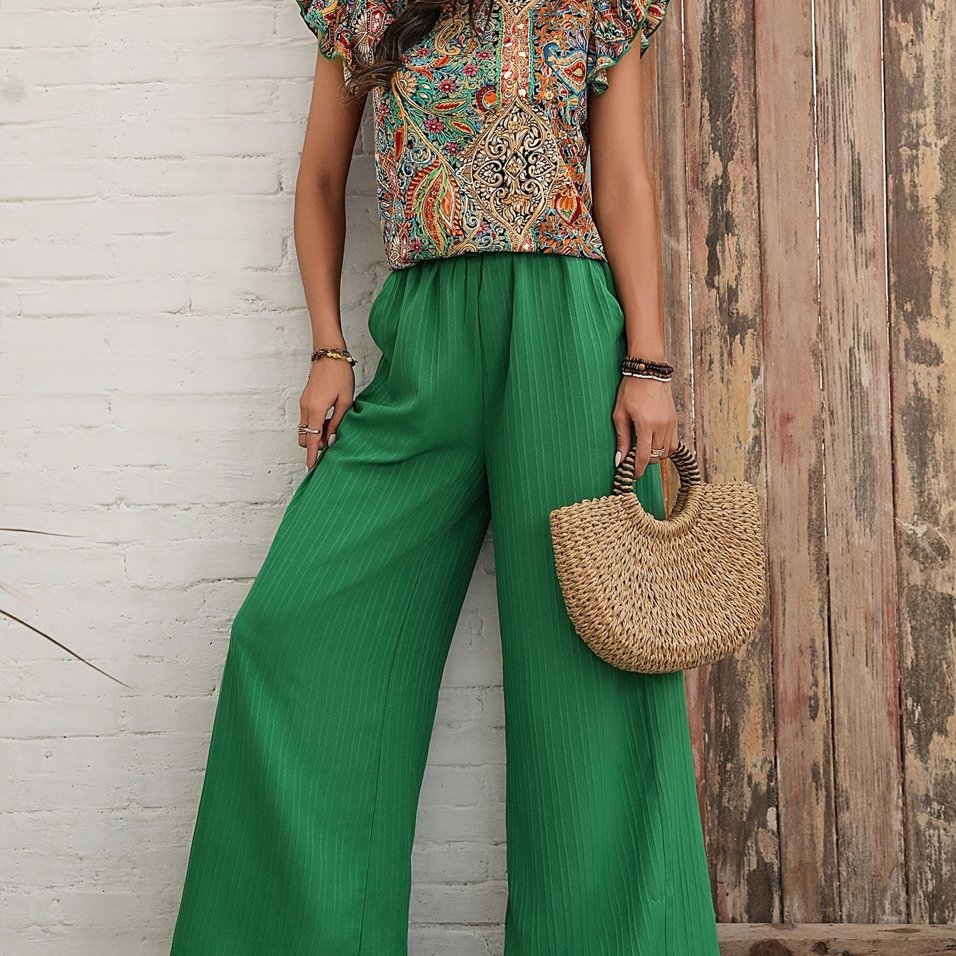 

Elegant Spring & Summer Pants Set, Floral Print Ruffle Sleeve Crew Neck Top & Solid Color Wide Leg Pants Outfits, Women's Clothing