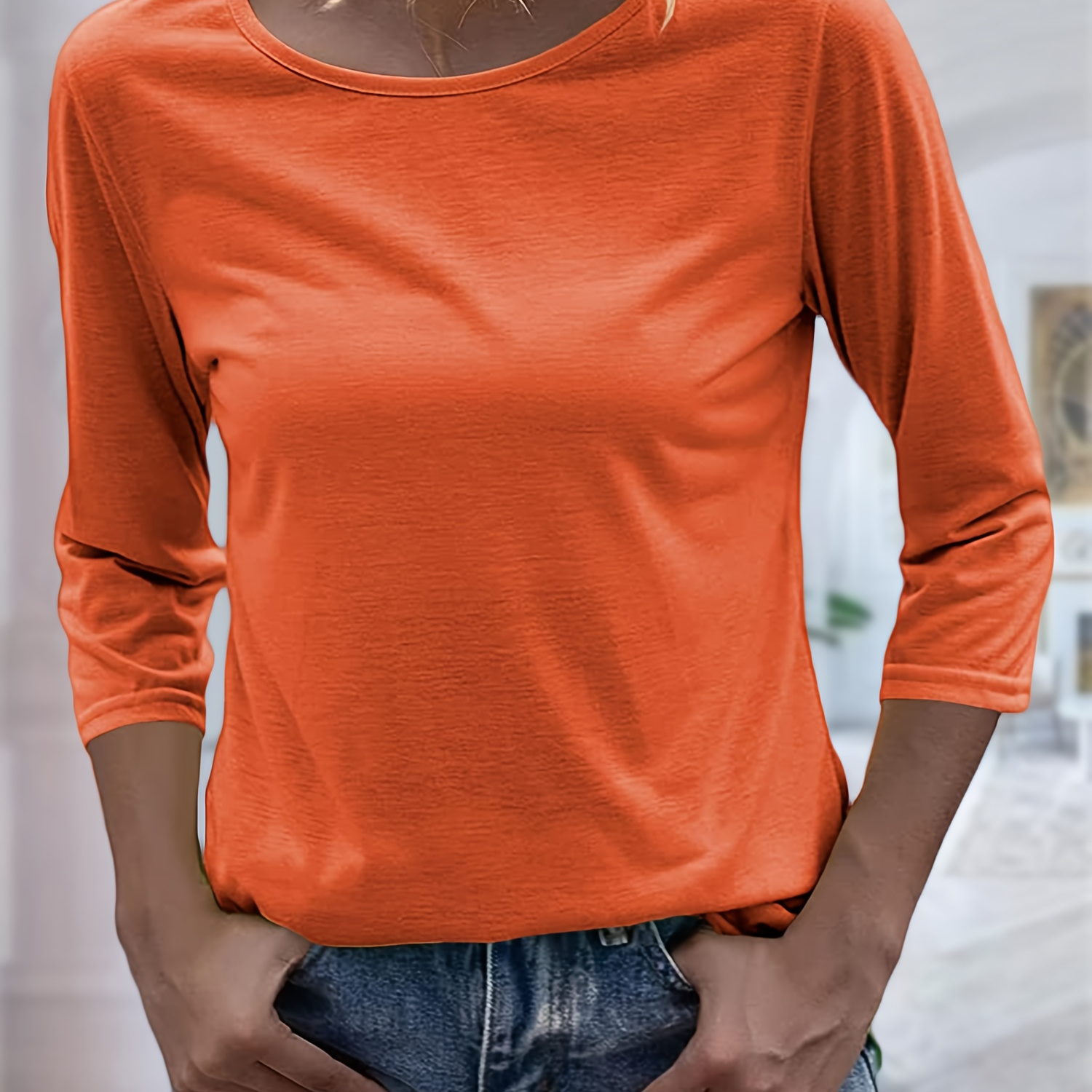 

Women Fashion O-neck 3/4 Sleeve T Shirt Solid Casual Basic Tops