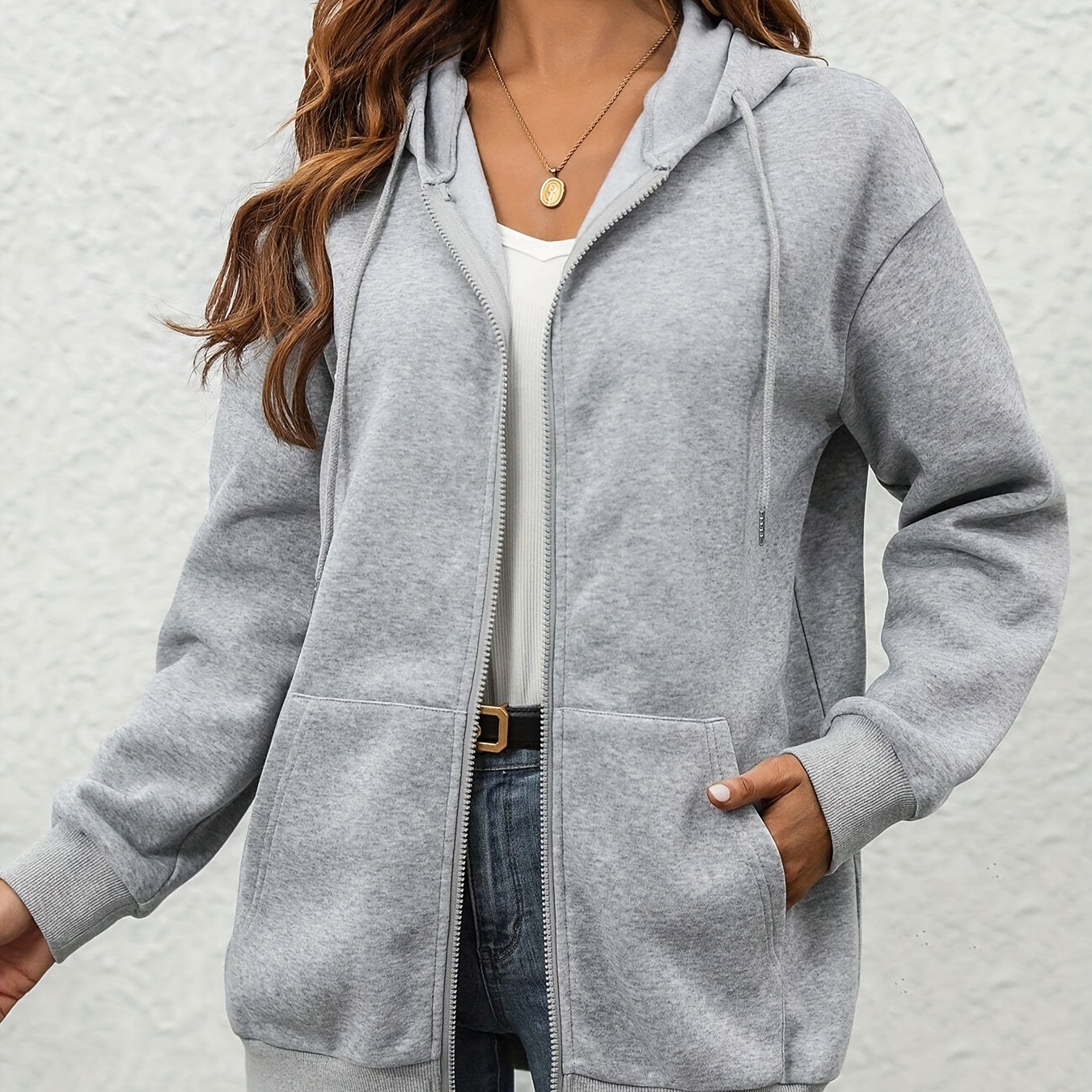 

Women's Casual Plush-lined Hoodie, Loose Fit Drawstring Hooded Sweatshirt, Autumn-winter Thick Zip-up Cardigan With Long Sleeves, Sporty Leisure Top