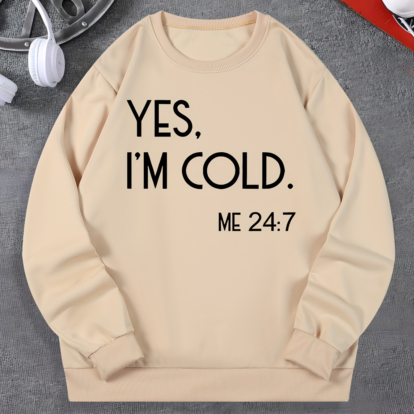 

Yes I'm Cold Print Fashionable Men's Casual Long Sleeve Crew Neck Pullover Sweatshirt, Suitable For Outdoor Sports, For Autumn Spring, Can Be Paired With Hip-hop Necklace, As Gifts