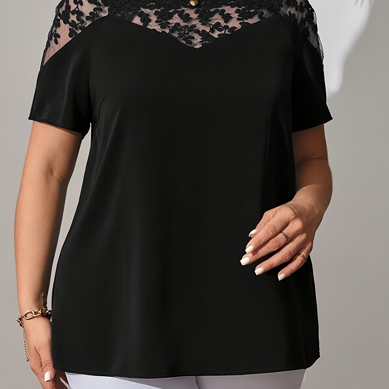 

Plus Size Contrast Lace Solid Blouse, Casual Square Neck Short Sleeve Blouse For Spring & Summer, Women's Plus Size Clothing