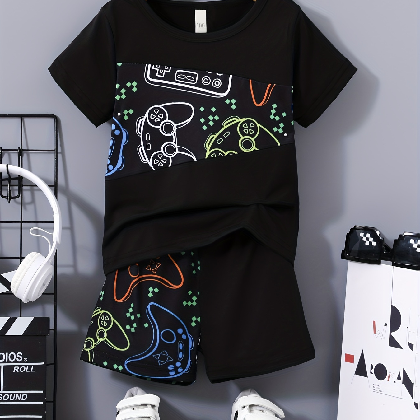 

Boys Gamepad Casual Outfit Round Neck T-shirt & Shorts For Summer Kids Clothes