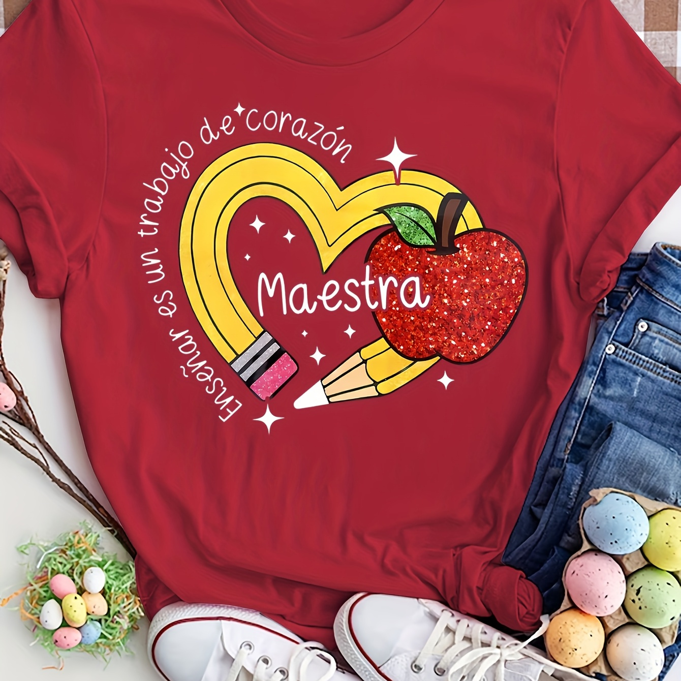 

Chic & Print T-shirt For Women - Casual Crew Neck, Short Sleeve Top, Spring & Fall, Machine Washable