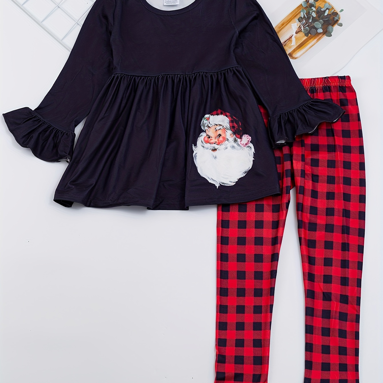 

Christmas 2pc Cute Sets, Girls Santa Claus Print Flare Sleeve Top & Plaid Pants Kids Clothes For Party