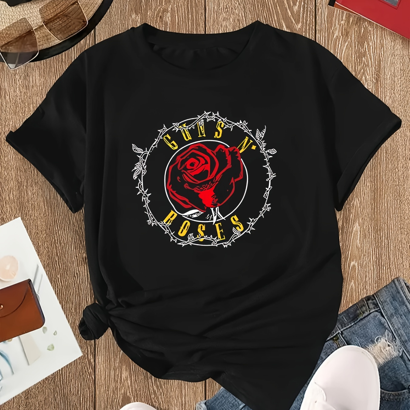 

Women's Fashion Casual Short Sleeve T-shirt With Red Rose Print, Round Neck, Soft Sporty Top For Everyday Wear