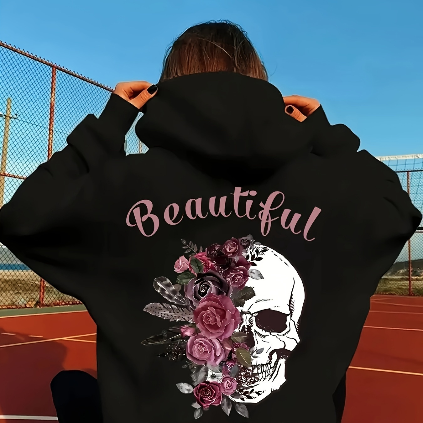 

1pc Women's Plus Size Hoodie With Floral Skull Print, Polyester Stretch Knit Pullover, Casual Autumn/winter Sweatshirt With Hood