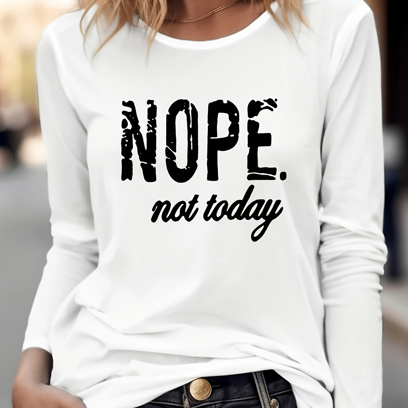 

Plus Size Casual T-shirt, Women's Plus Slogan Print Long Sleeve Round Neck Slight Stretch Top