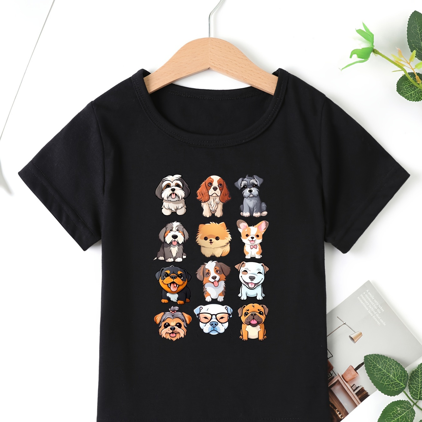 

Cute Dog Faces Graphic Print, Girls' Casual Crew Neck Short Sleeve T-shirt, Girls' Comfy Summer Tops