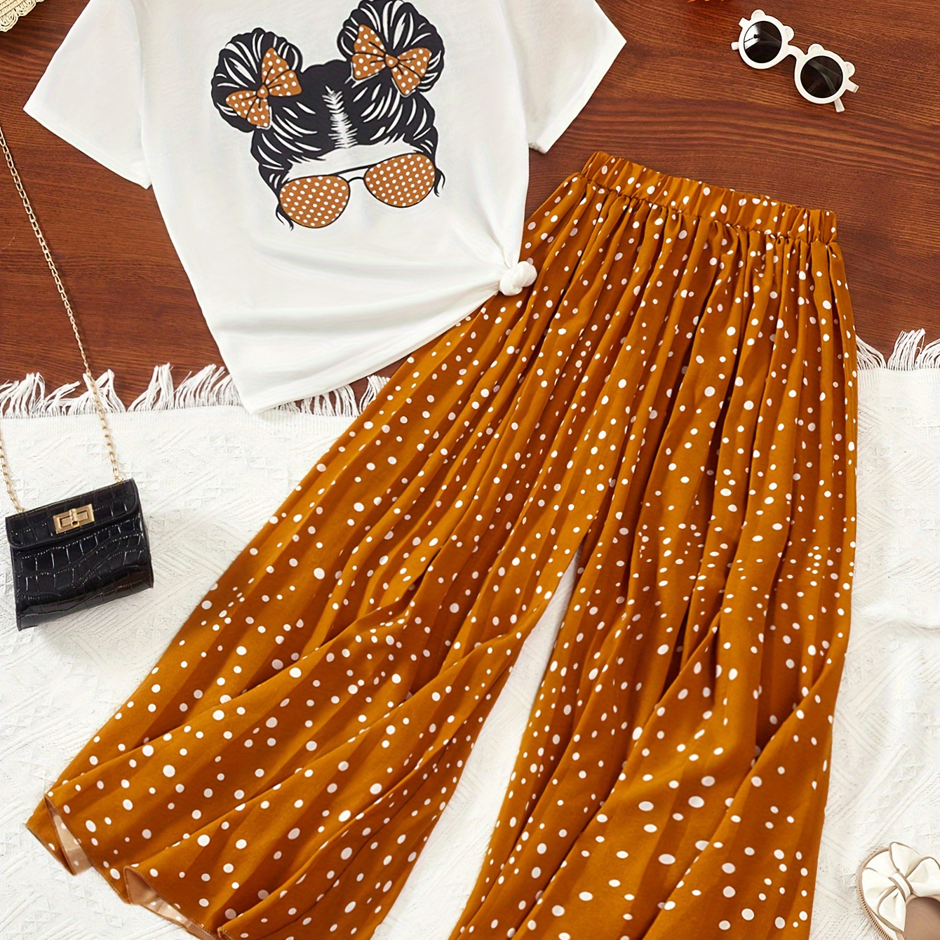 

Girl's Outfit Pleated Polka Dot Flowy Pants + Portrait Print T-shirt Top Casual Summer Two-piece Set
