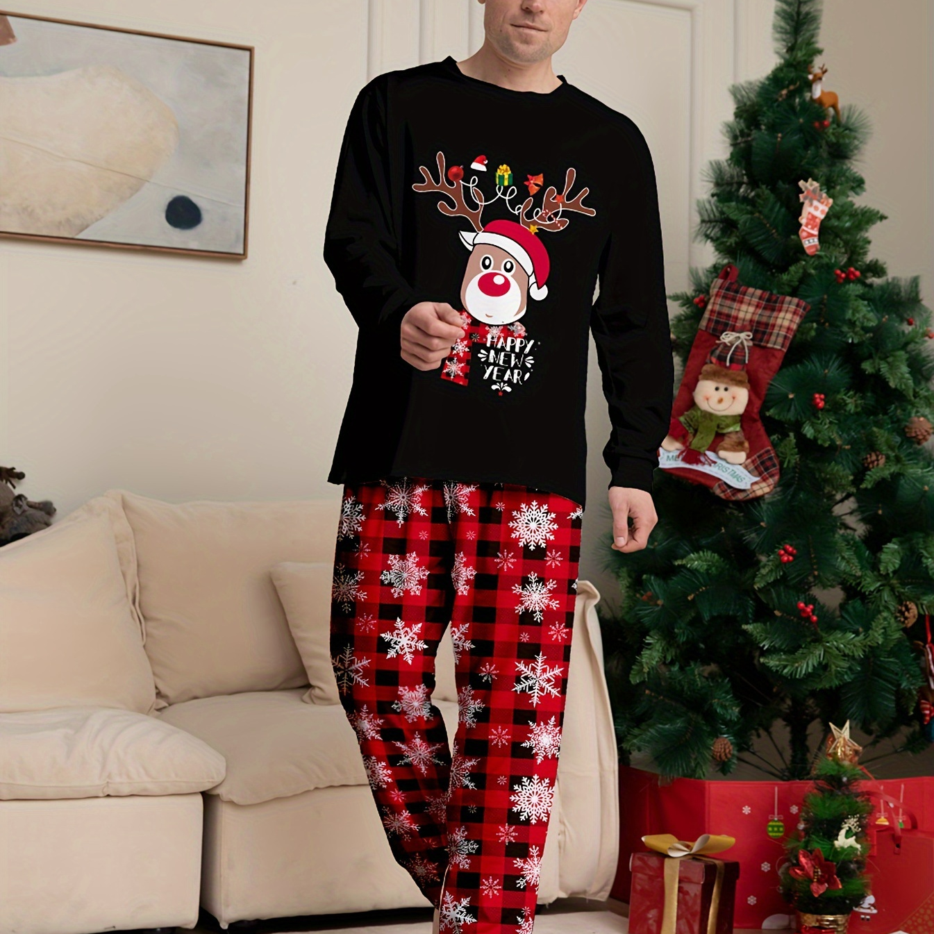 

Men's Trendy Casual Christmas Pajamas Sets, Letter Happy New Year Antler Elk Graphic Print Long Sleeve Crew Neck Top & Loose Plaid Pants Lounge Wear