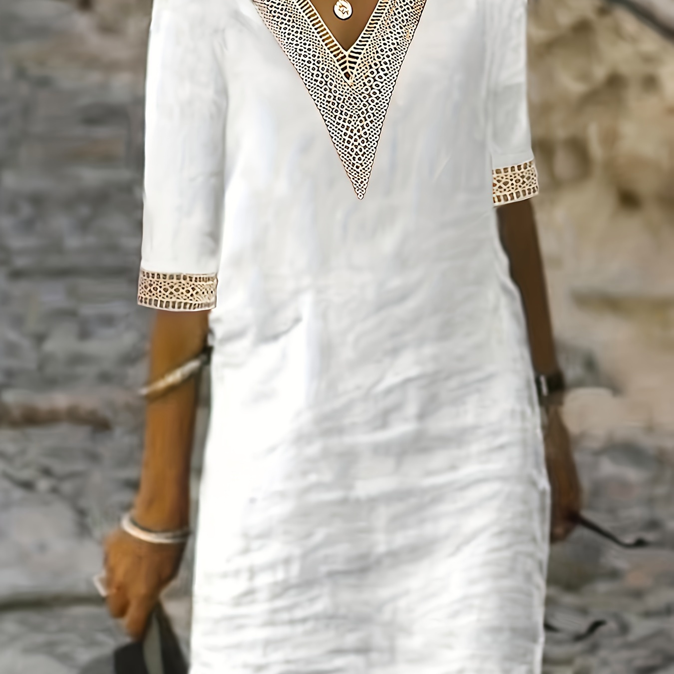 

Plus Size Short Sleeve Dress, Casual Contrast Trim V Neck Dress For Spring & Summer, Women's Plus Size Clothing