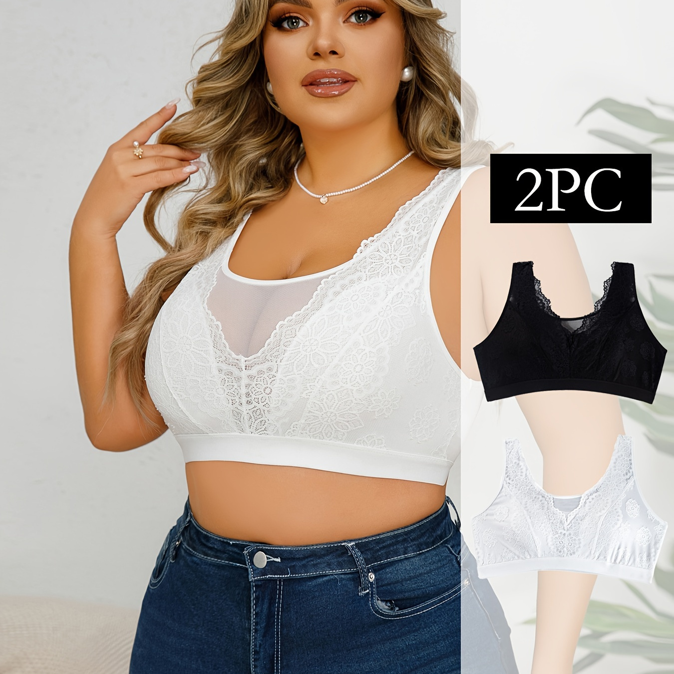 

2 Pcs Women's Elegant Everyday Bra, Plus Size Floral Lace Contrast Mesh Non Padded Wireless Bralette Bra