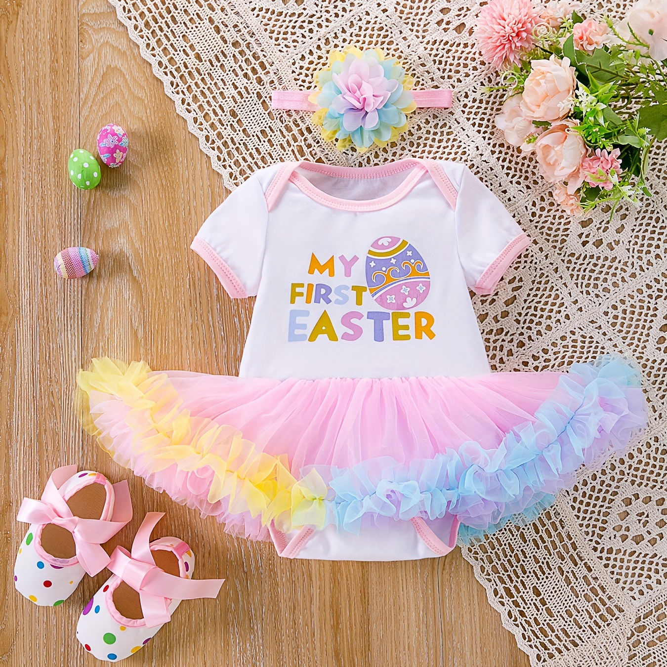 

2pcs Baby Infant Girls "my First Easter" Short Sleeve Mesh Dress & Headband Set Clothes