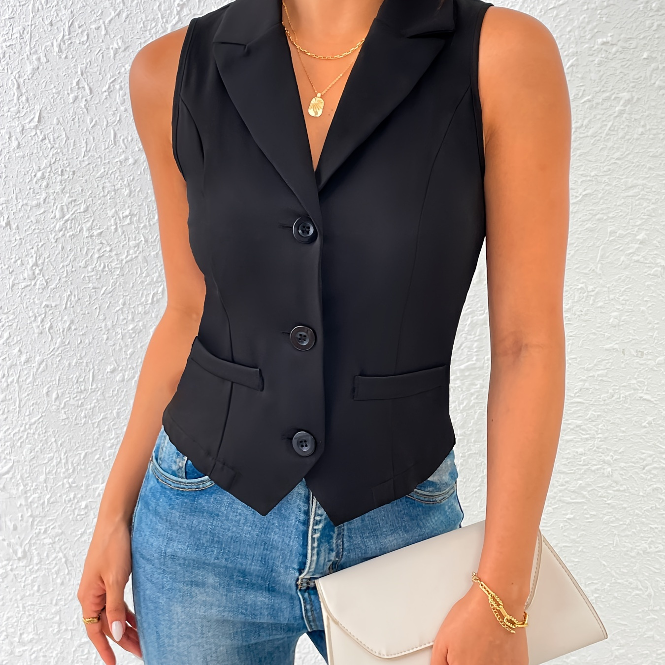 

Gilet uni à simple boutonnage, élégant et sans manches avec revers pour le printemps et l'automne, vêtements pour femmes