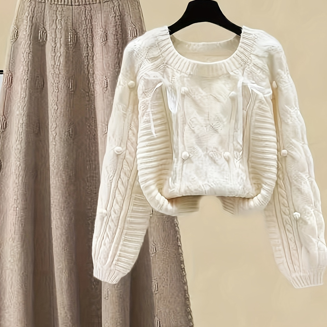 

Polka Dot Decor Crew Neck Sweater, Elegant Cable Knit Solid Color Long Sleeve Sweater For Fall & Winter, Women's Clothing