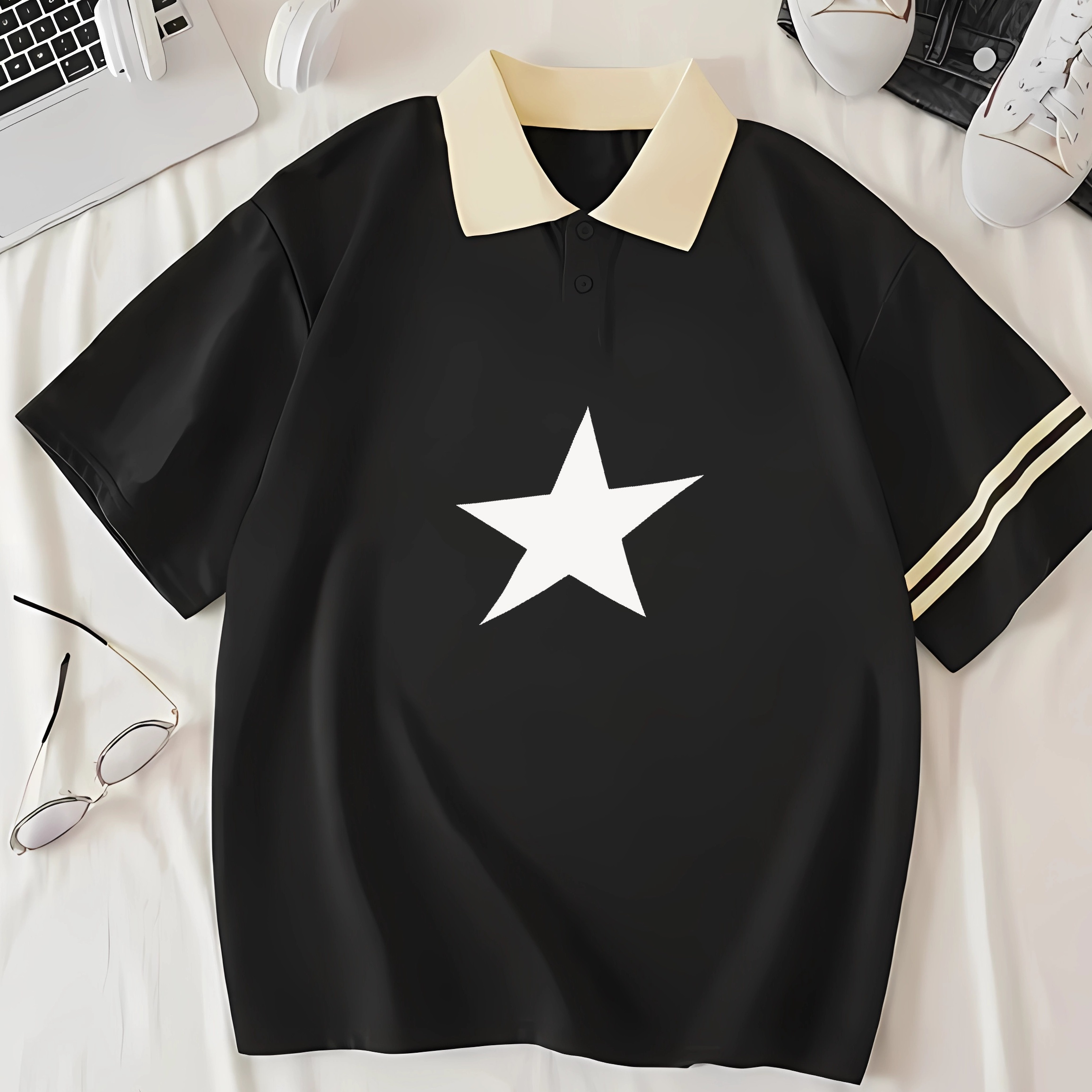 

Women's Star Print Polo T-shirt, Fashion Casual Relaxed Fit, Youthful, Comfortable Breathable Fabric, Short Sleeve, Contrast Collar And Sleeve Stripes