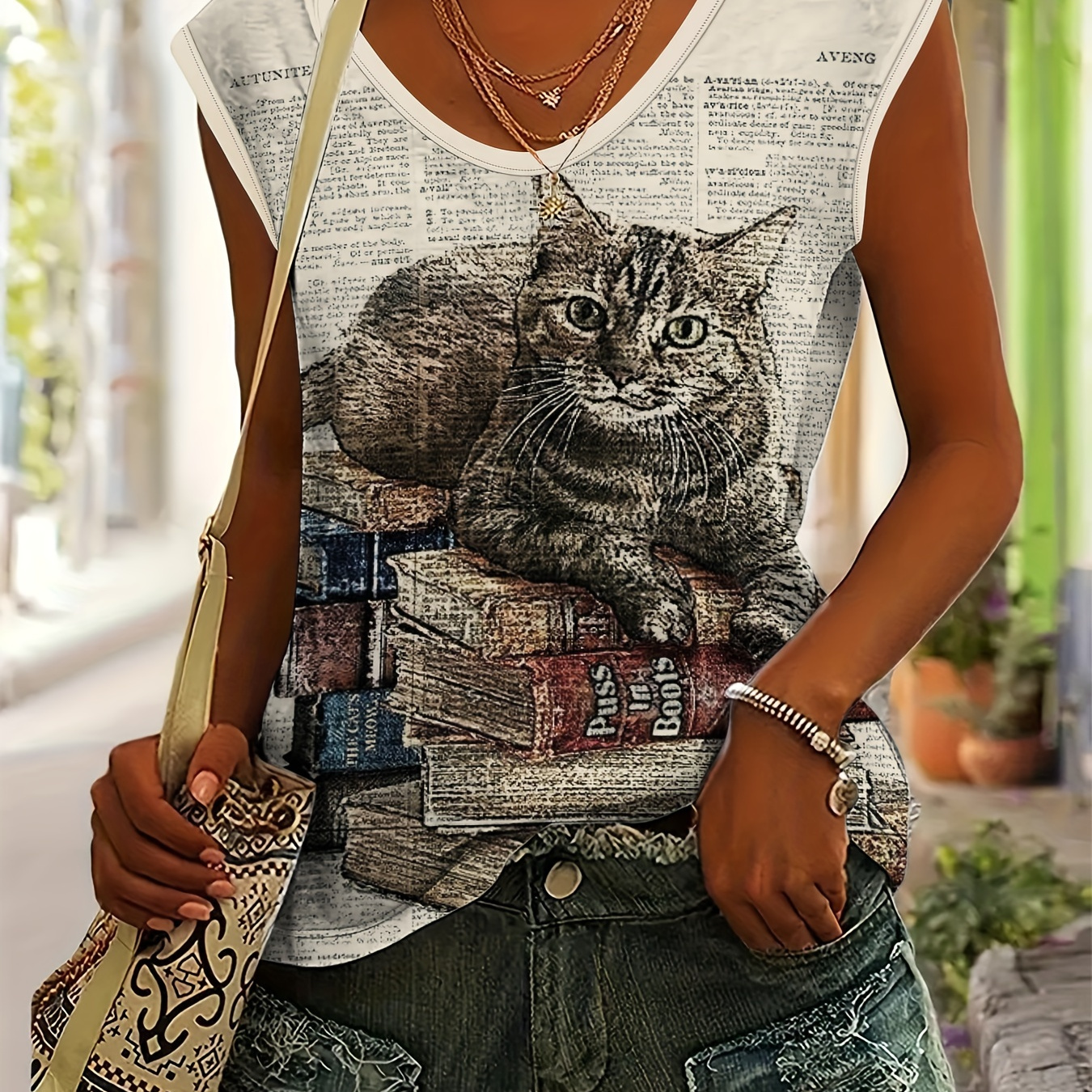 

Cat & Newspaper Print V Neck Top, Casual Cap Sleeve Top For Spring & Summer, Women's Clothing