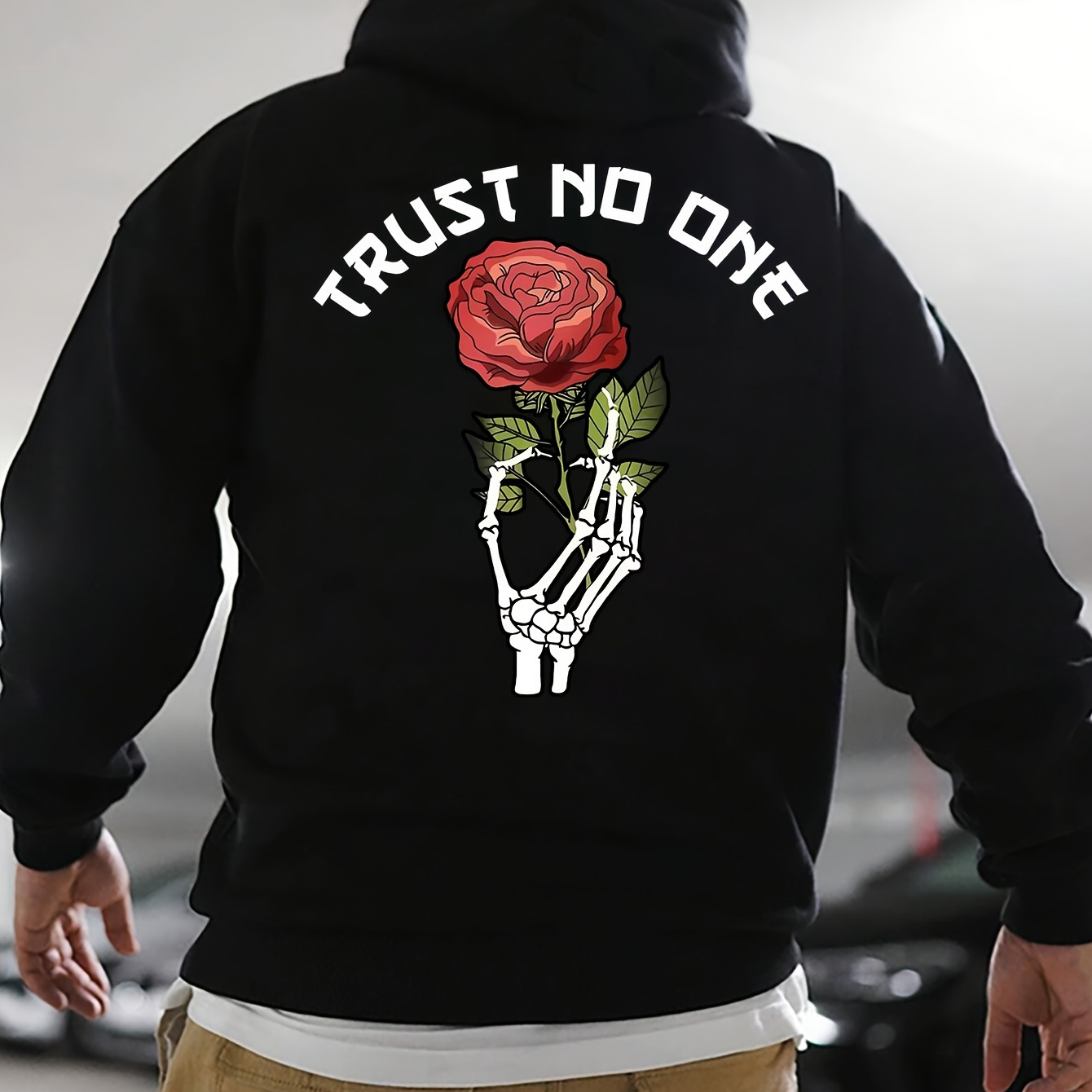 

Men's Hooded Sweatshirt, Fashion Rose Pattern Letter Print Fleece Lined Warm Sports Men's Hoodie All-match And Comfortable Men's Clothing