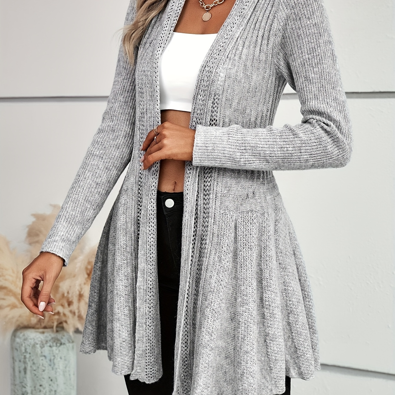 

Solid Color Open Front Cardigan, Elegant Slim-fit Long Sleeve Cardigan For Fall & Winter, Women's Clothing