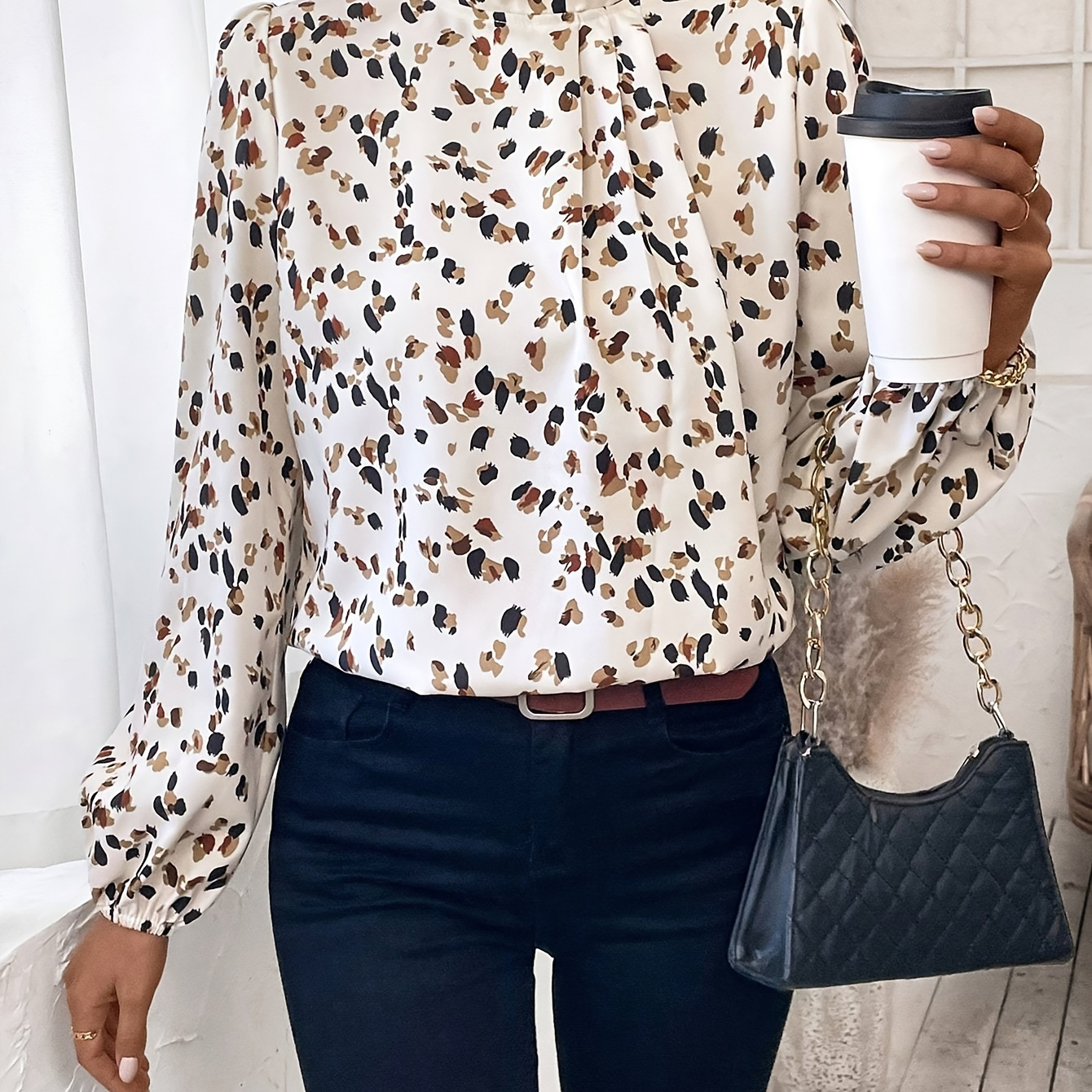 

1pc Women's Floral Print High Neck Long Sleeve Shirt - 100% Polyester Woven Blouse For Fall/winter, Regular Fit With No Padding