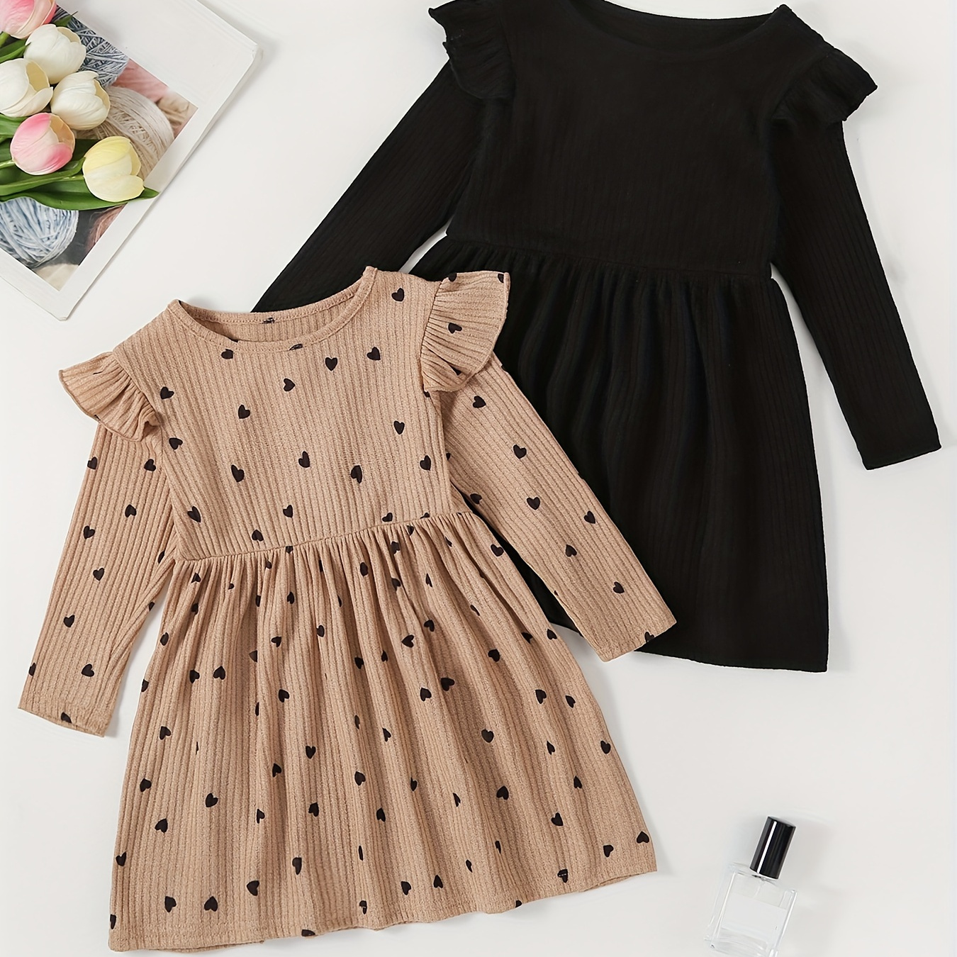 

Basic 2pcs Ruffle Long Dresses For Girls, Spring/fall Vacation Party Dresses Gift