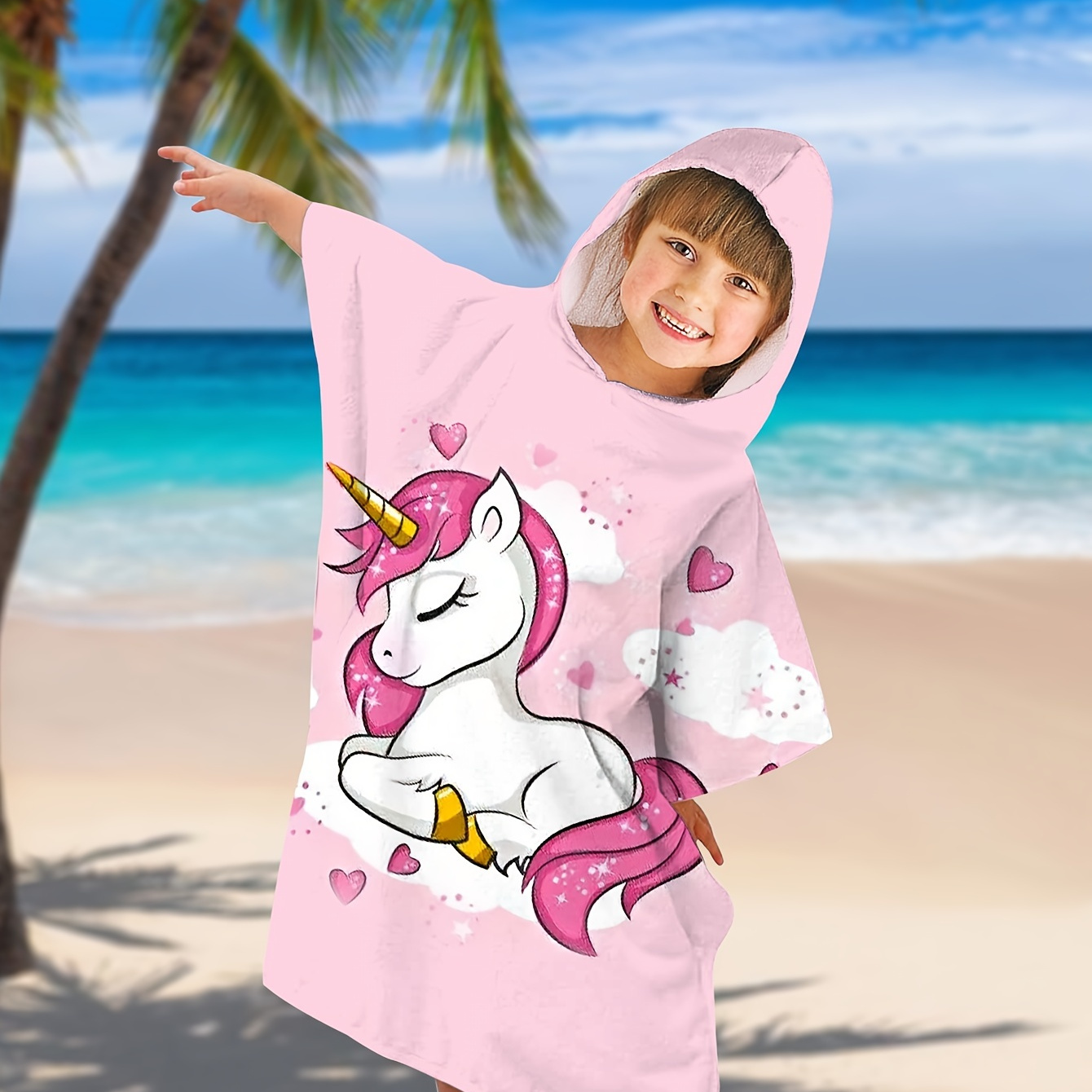 

1pc Pink Pattern Hooded Bathrobe, Lightweight Hooded Beach Towel, Printed Soft And Comfortable Home Bathrobe, Wearable Beach Blanket Beach Clothes For Pool Beach Travel, Suitable For 3-12 Years Old