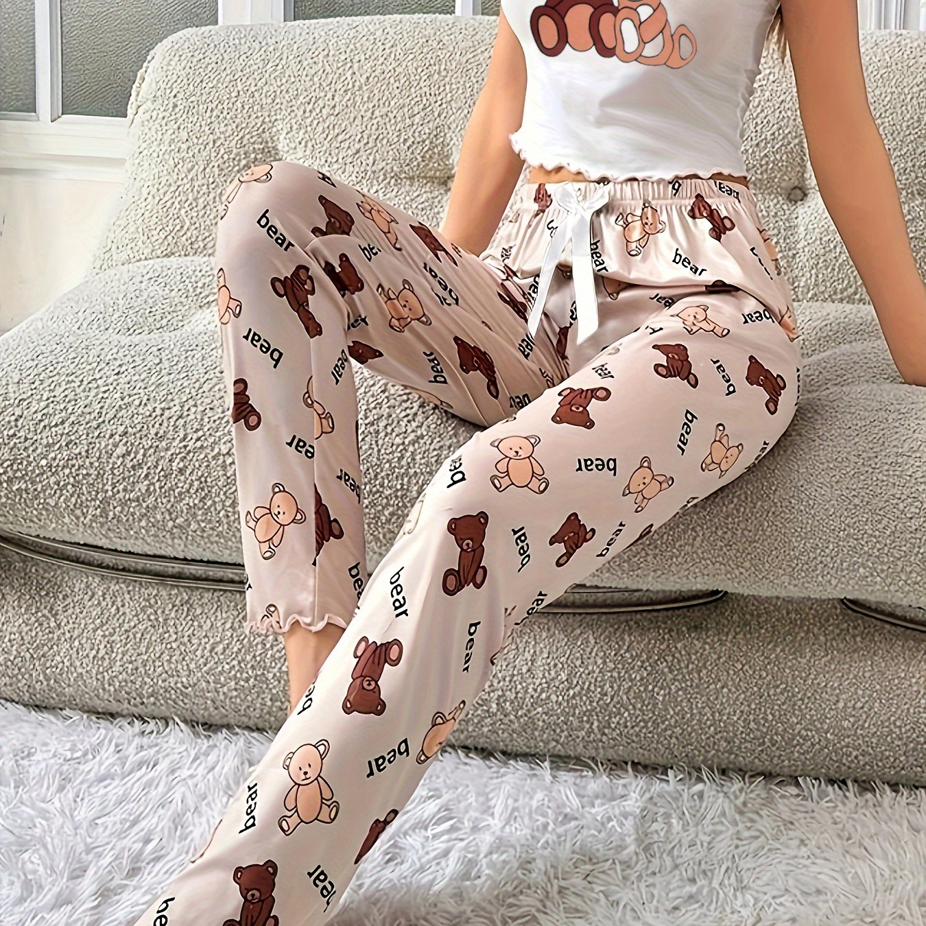 

Cute Bear Print Pajama Set, Lettuce Trim Round Neck Backless Crop Cami Top & Bow Pants, Women's Sleepwear