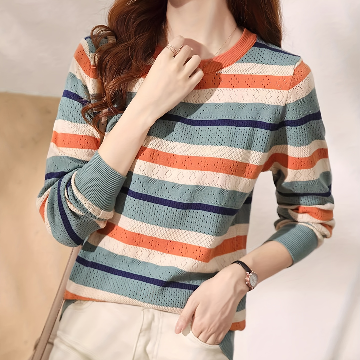 

Women's Casual Long Sleeve Striped Knit Sweater, Viscose, Round Neck, Regular Fit, All-season, No Belt, No Padding, Knitted Pullover Top