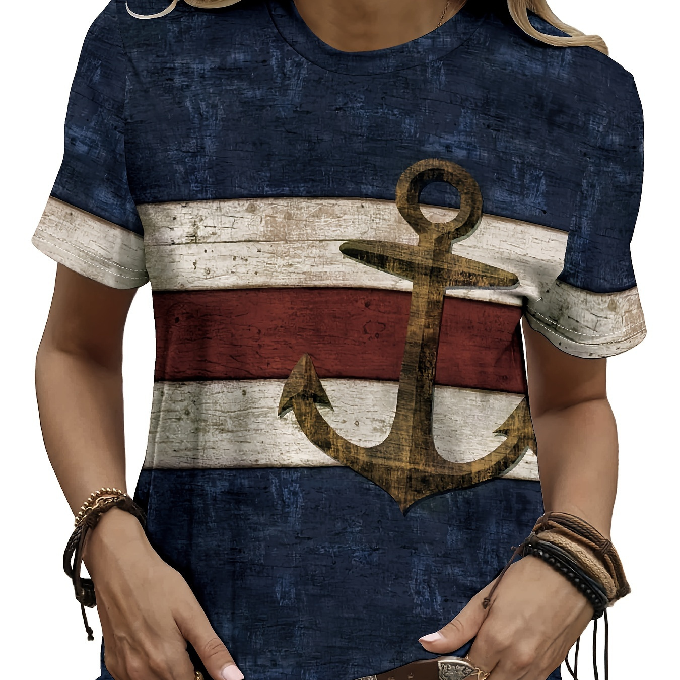 

Anchor Print T-shirt, Short Sleeve Crew Neck Leisure T-shirt For Spring & Summer, Women's Clothing