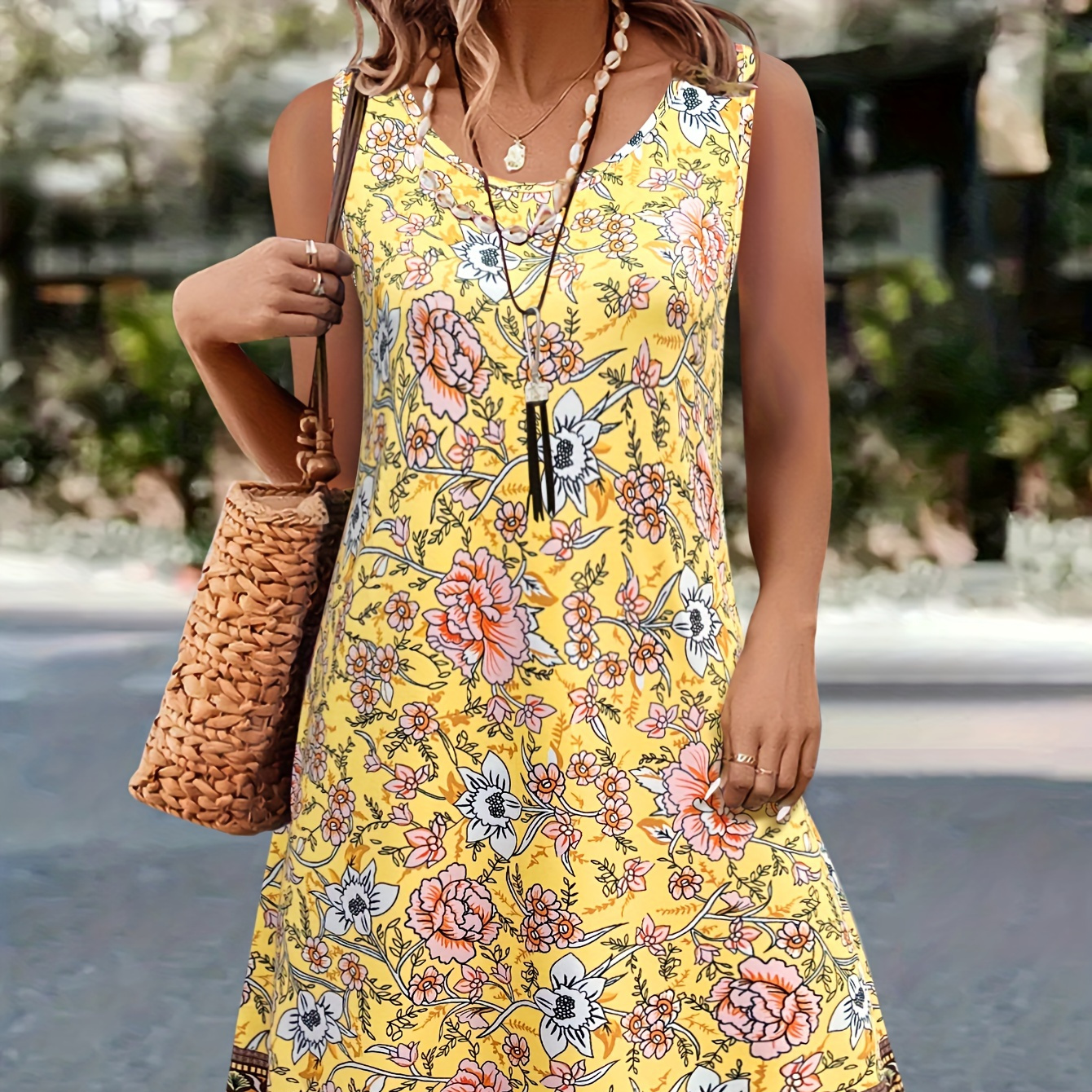 

Floral Print Scoop Neck Dress, Vacation Style Sleeveless Tank Dress, Women's Clothing