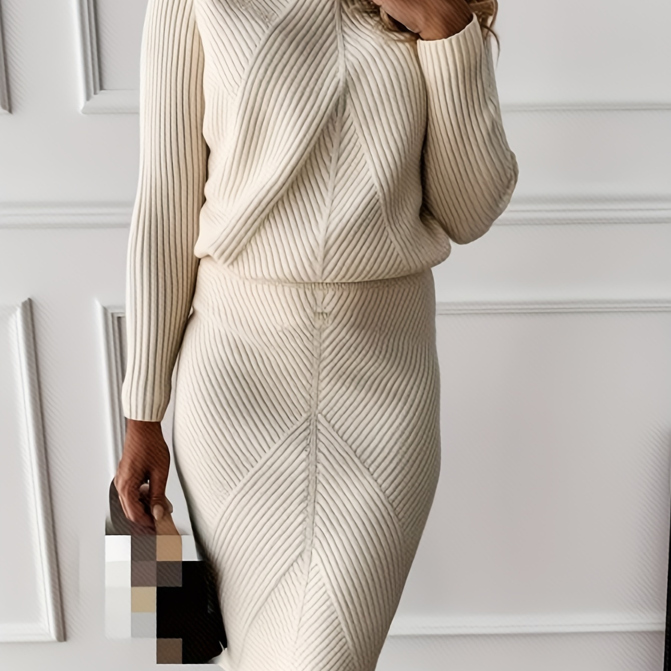 

Casual Solid Two-piece Set, Turtleneck Long Sleeve Tops & Bag Hip Skirts Outfits, Women's Clothing