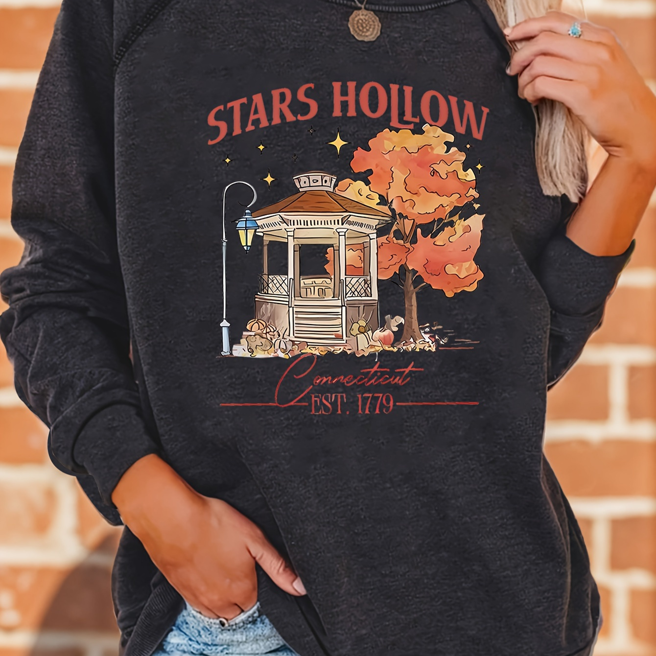 

Sweat-shirt graphique Stars Hollow pour femmes - Mélange de polyester, col rond décontracté, raglan à manches longues avec une légère élasticité, pull imprimé de dessin animé pour toutes