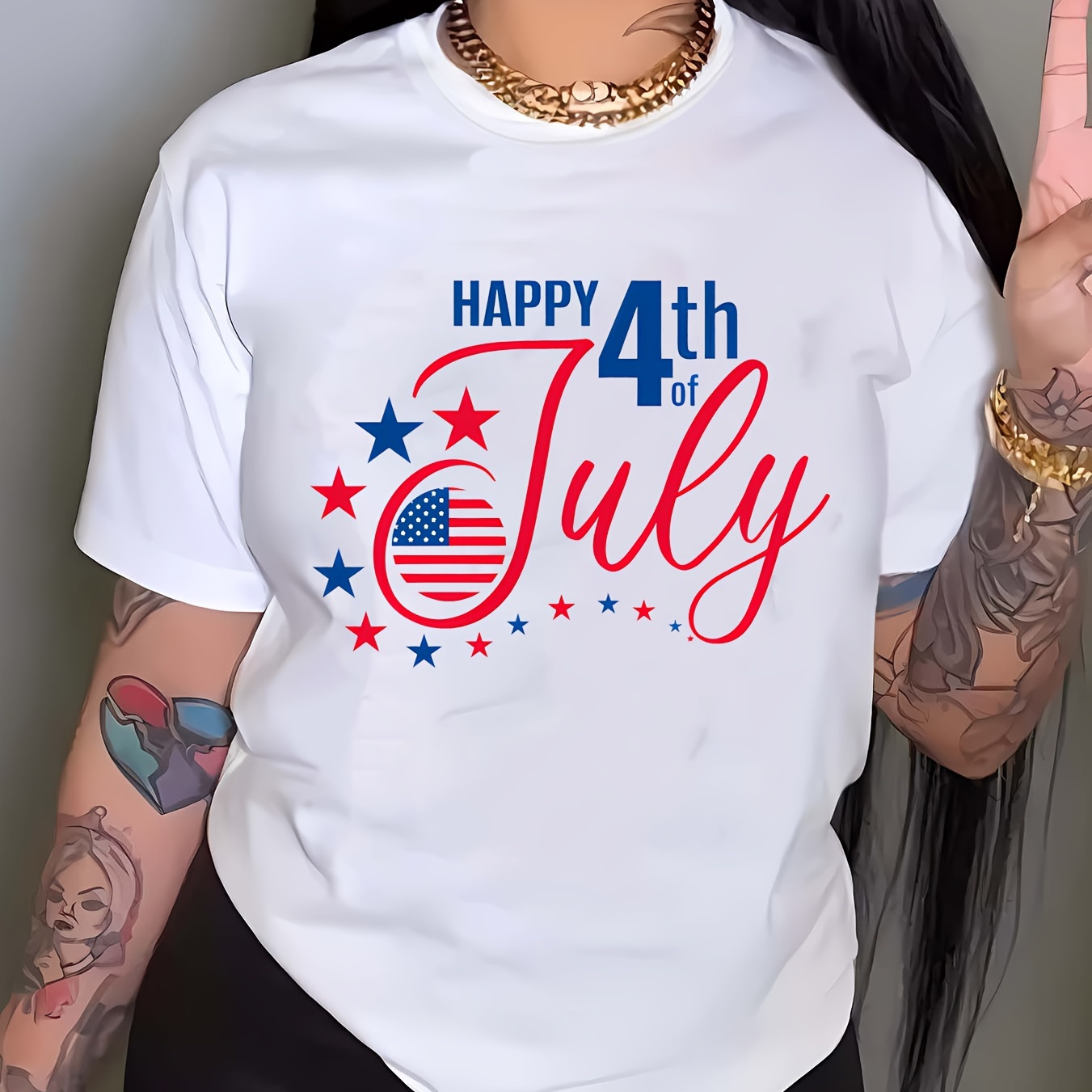 

July 4th Print T-shirt, Short Sleeve Crew Neck Casual Top For Summer & Spring, Women's Clothing