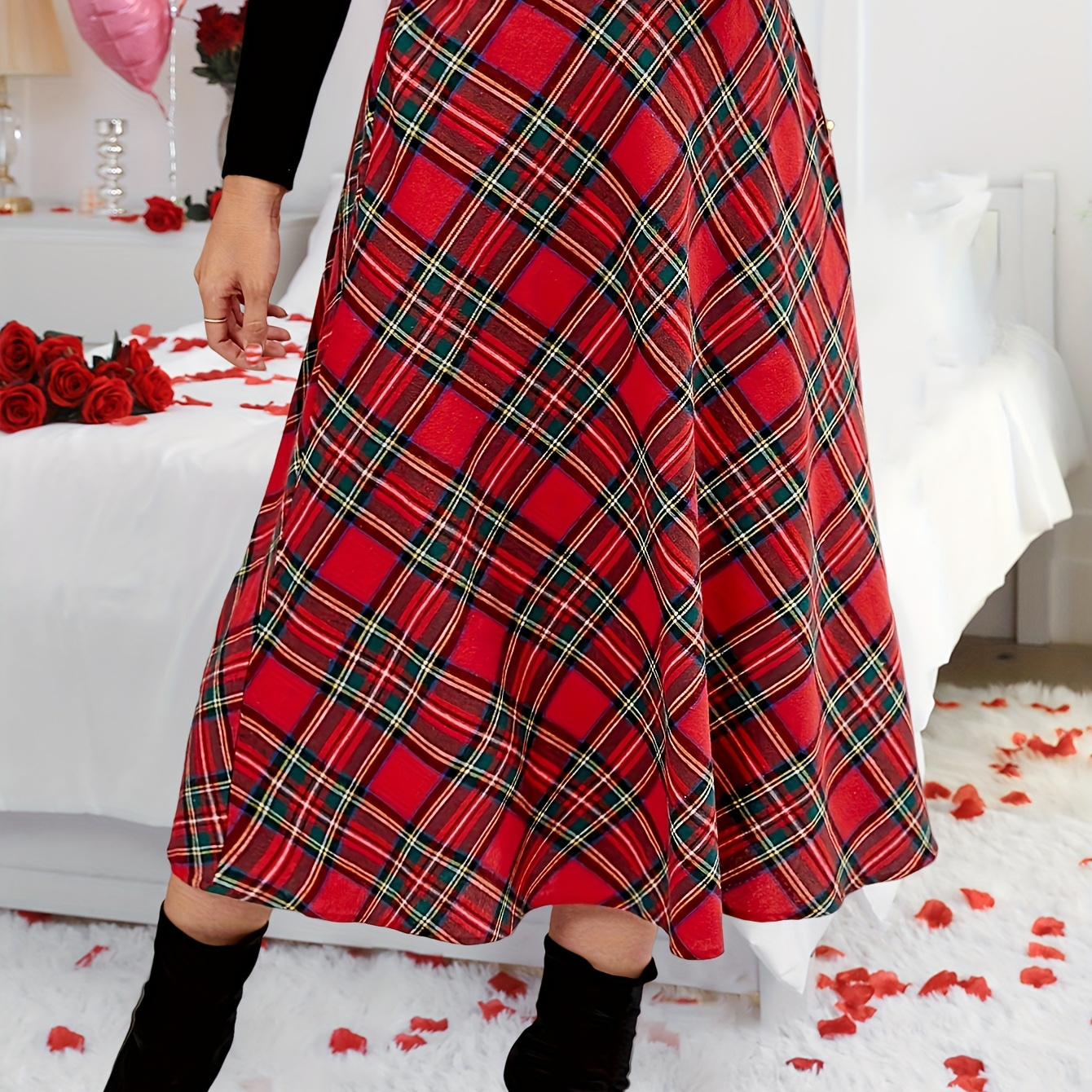 

Plus Size Flared Skirt For Women - 100% Polyester, , Red Tartan Christmas Pattern, Non-stretch Woven Fabric, Ideal For Spring/summer/fall