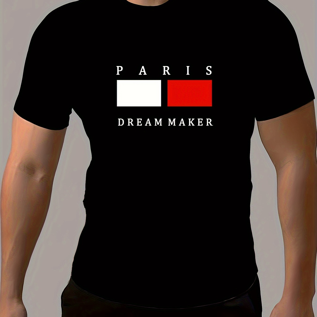 

Color Block Pattern And Letter Print "paris Dream Maker" Crew Neck And Short Sleeve T-shirt, Casual And Chic Tops For Men's Summer Outdoors And Sports Wear